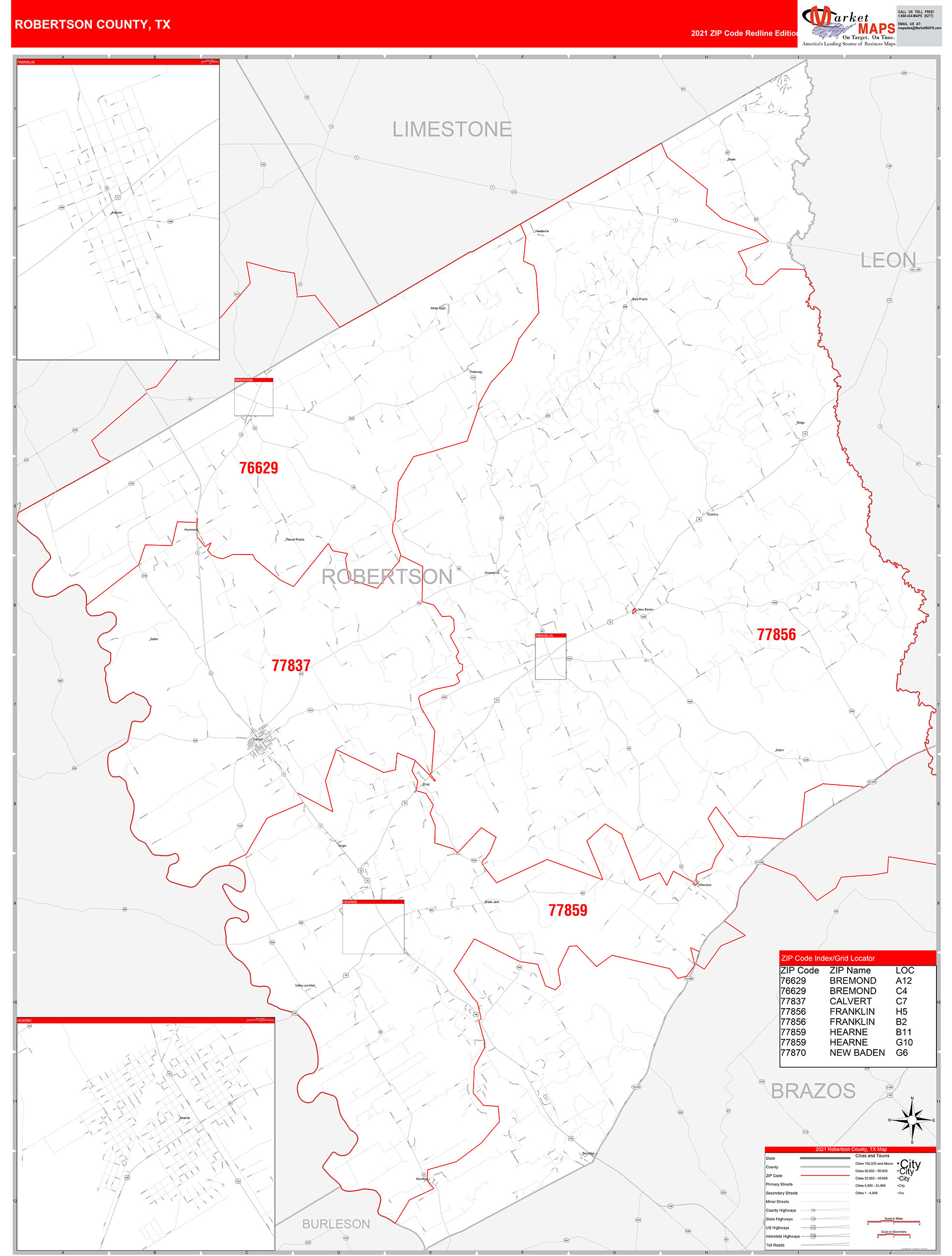 Robertson County, TX Zip Code Wall Map Red Line Style by MarketMAPS ...