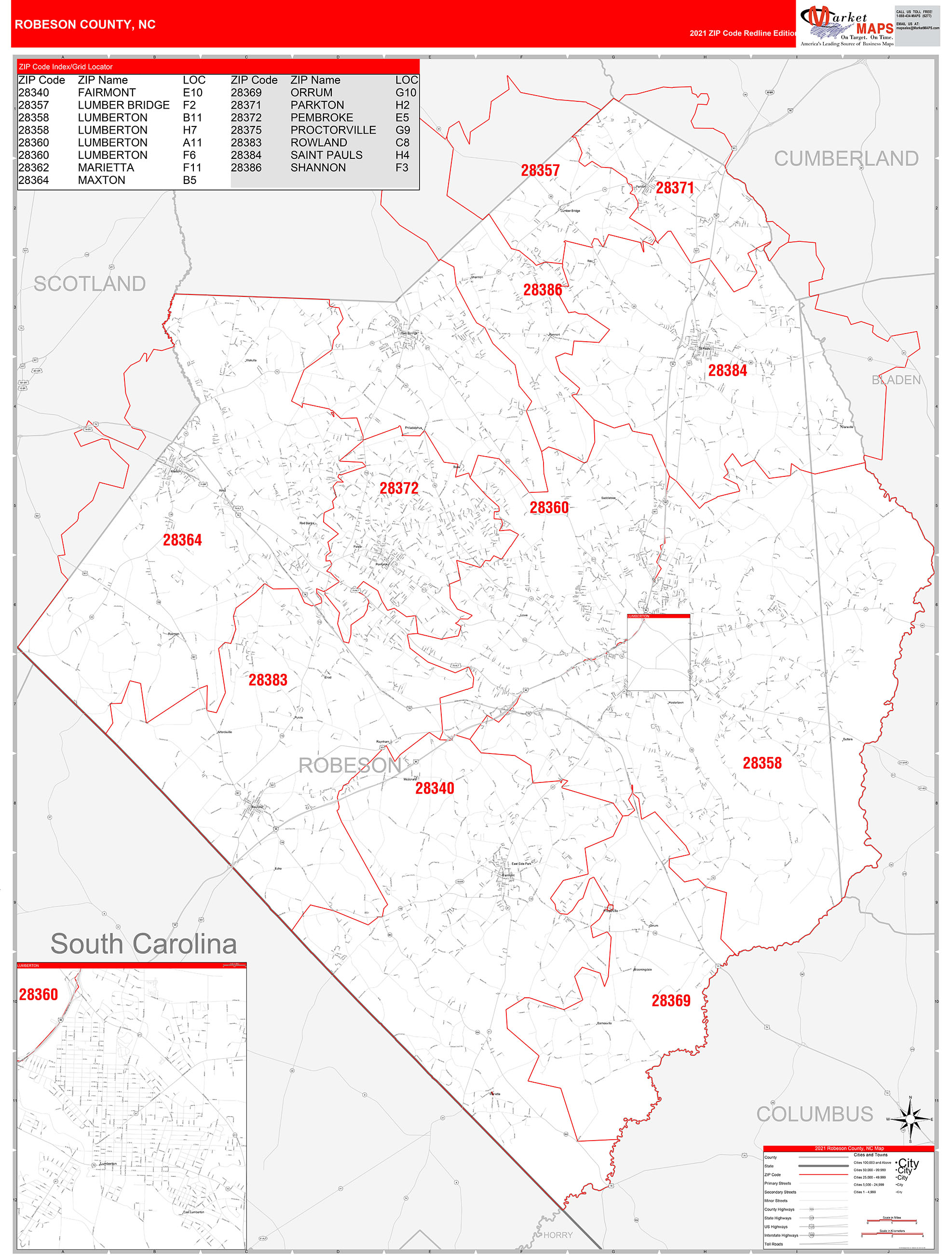 Robeson County, NC Zip Code Wall Map Red Line Style by MarketMAPS