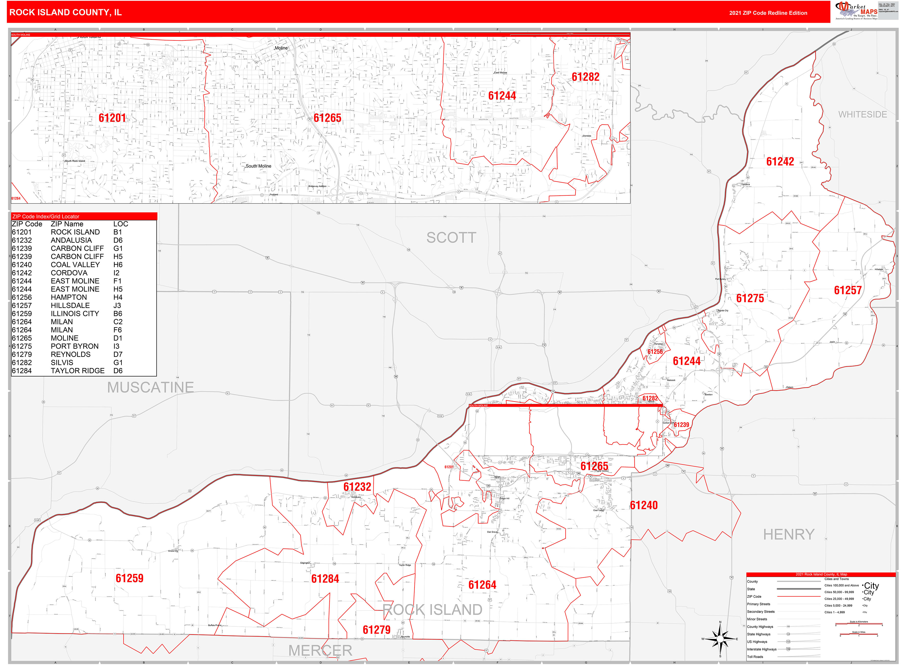 Rock Island County, IL Zip Code Wall Map Red Line Style by MarketMAPS