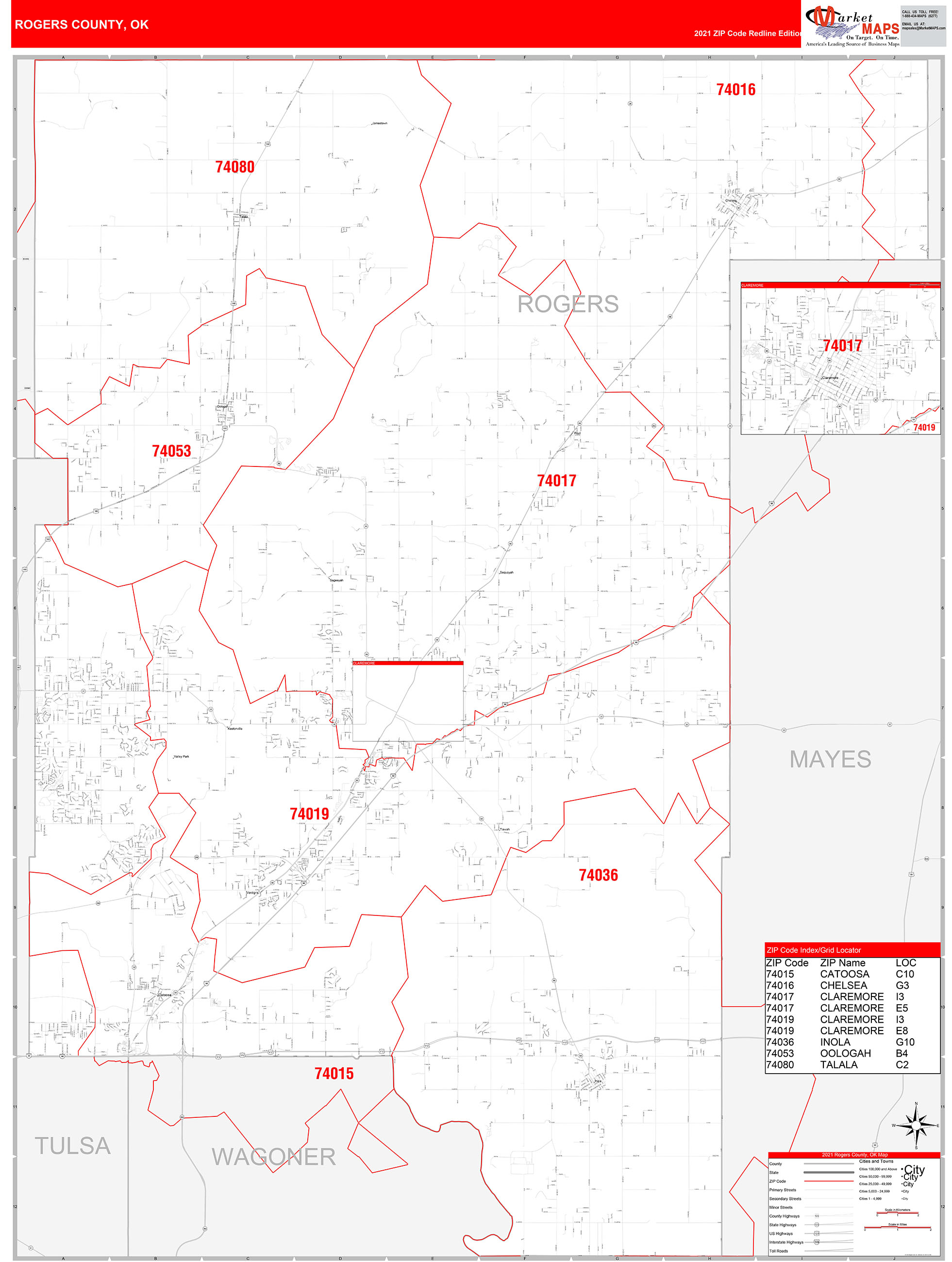 Rogers County, Ok Zip Code Wall Map Red Line Style By Marketmaps - Mapsales