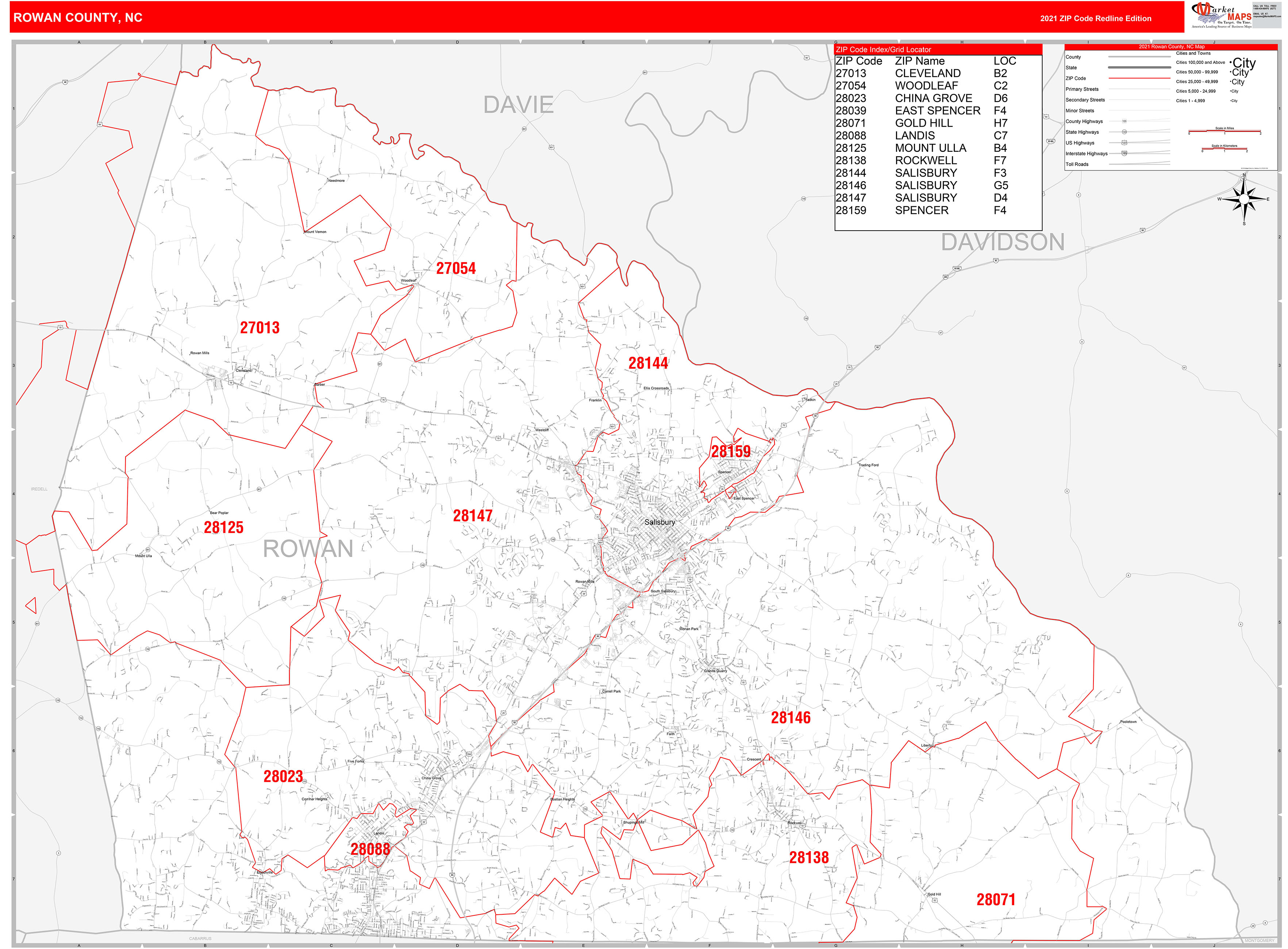 Rowan County, Nc Zip Code Wall Map Red Line Style By Marketmaps - Mapsales