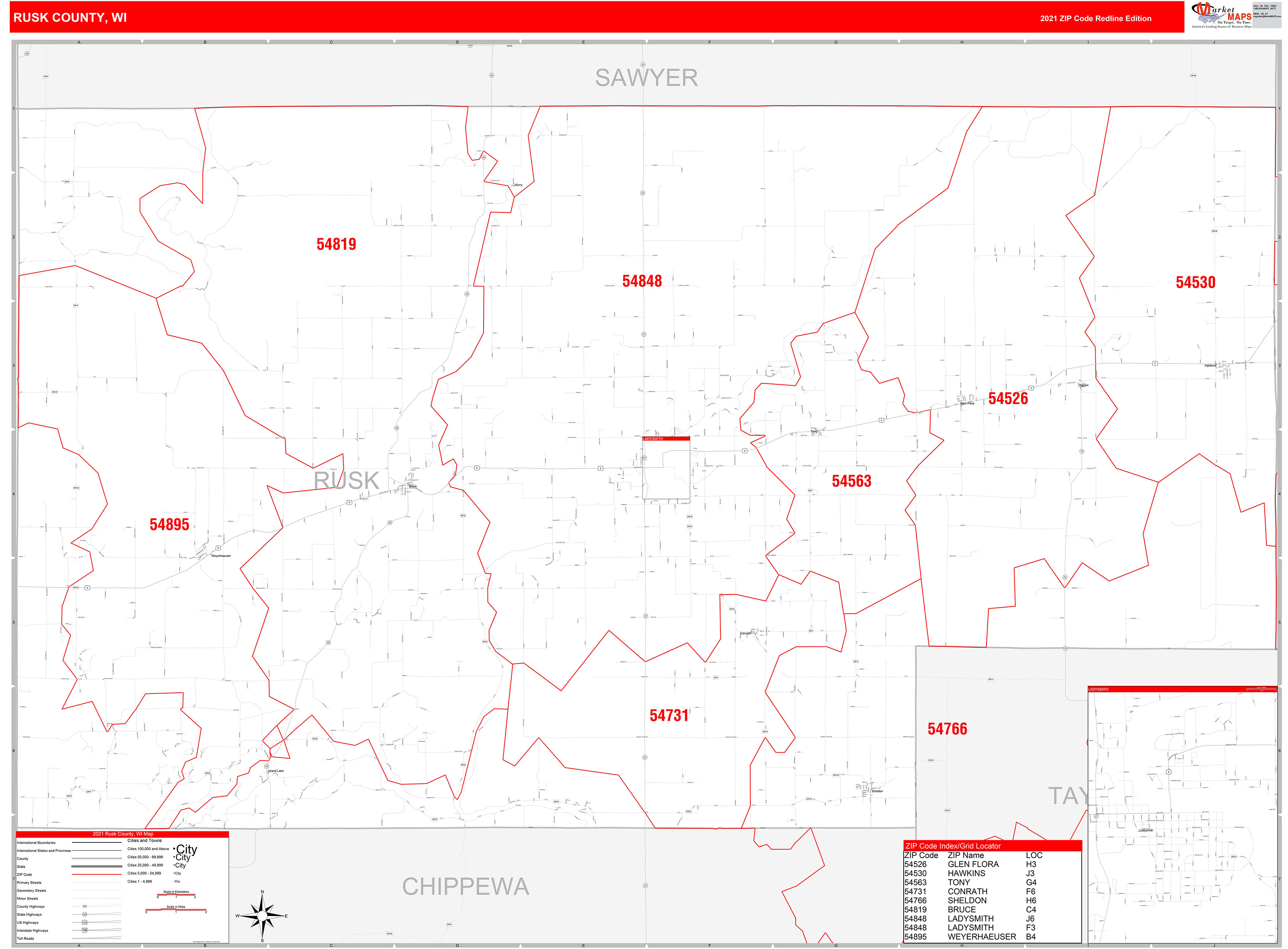 Rusk County, WI Zip Code Wall Map Red Line Style by MarketMAPS - MapSales