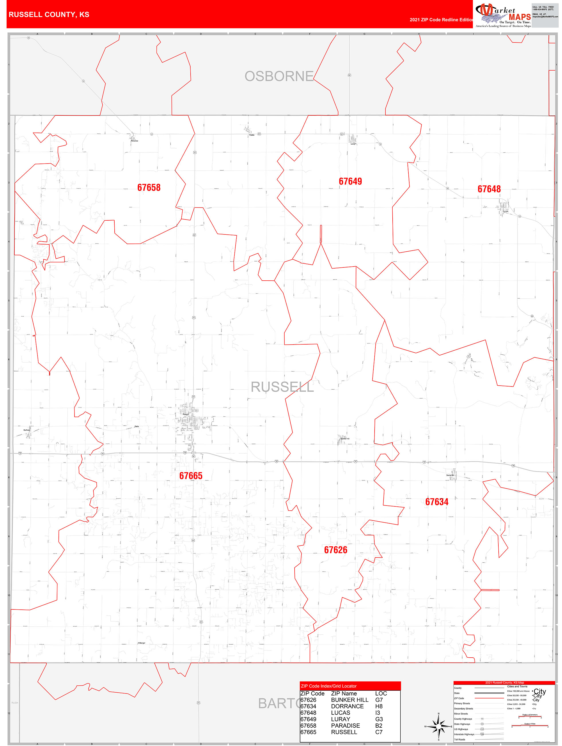 Russell County, KS Zip Code Wall Map Red Line Style by MarketMAPS ...