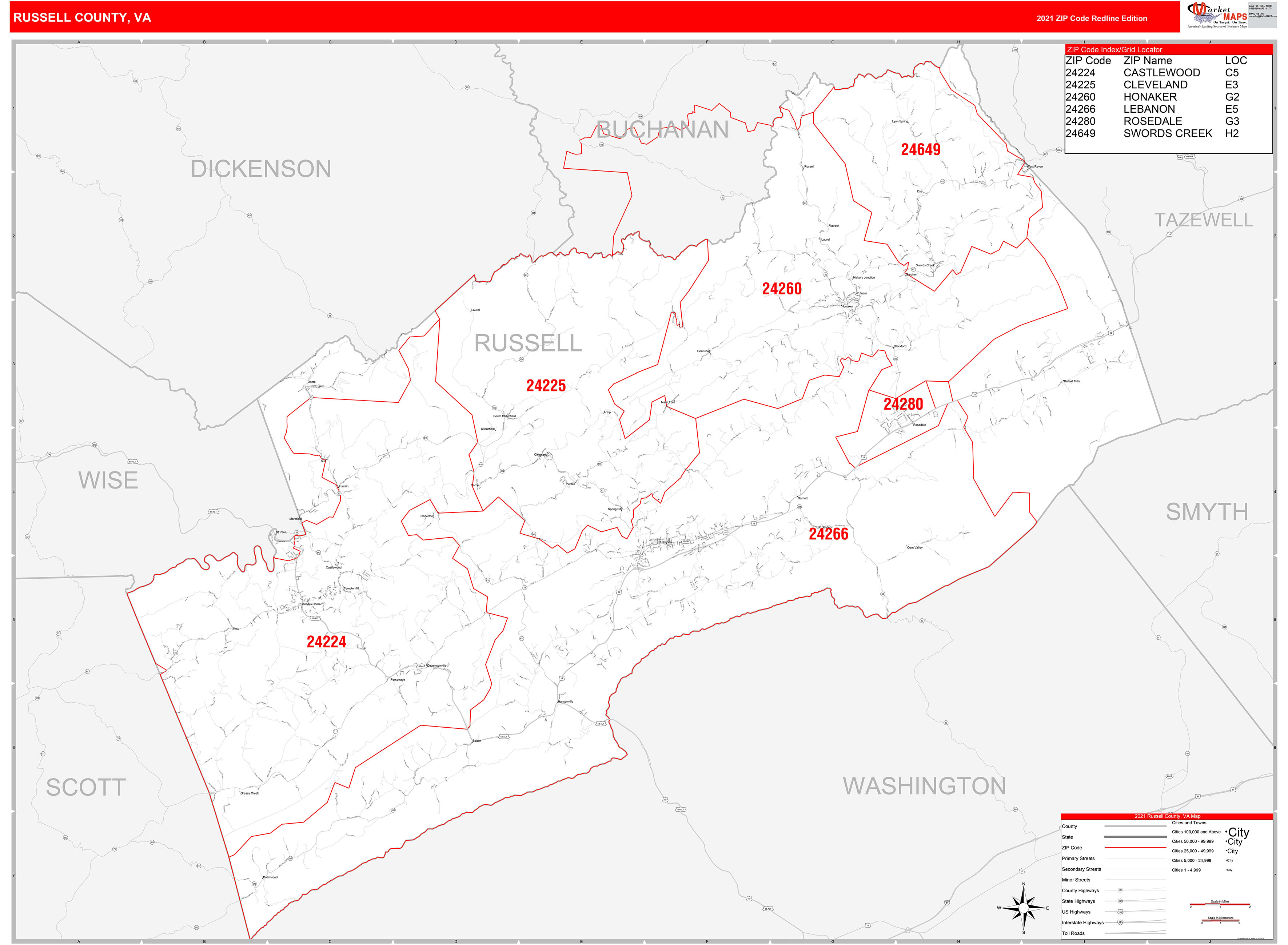 Russell County, VA Zip Code Wall Map Red Line Style by MarketMAPS