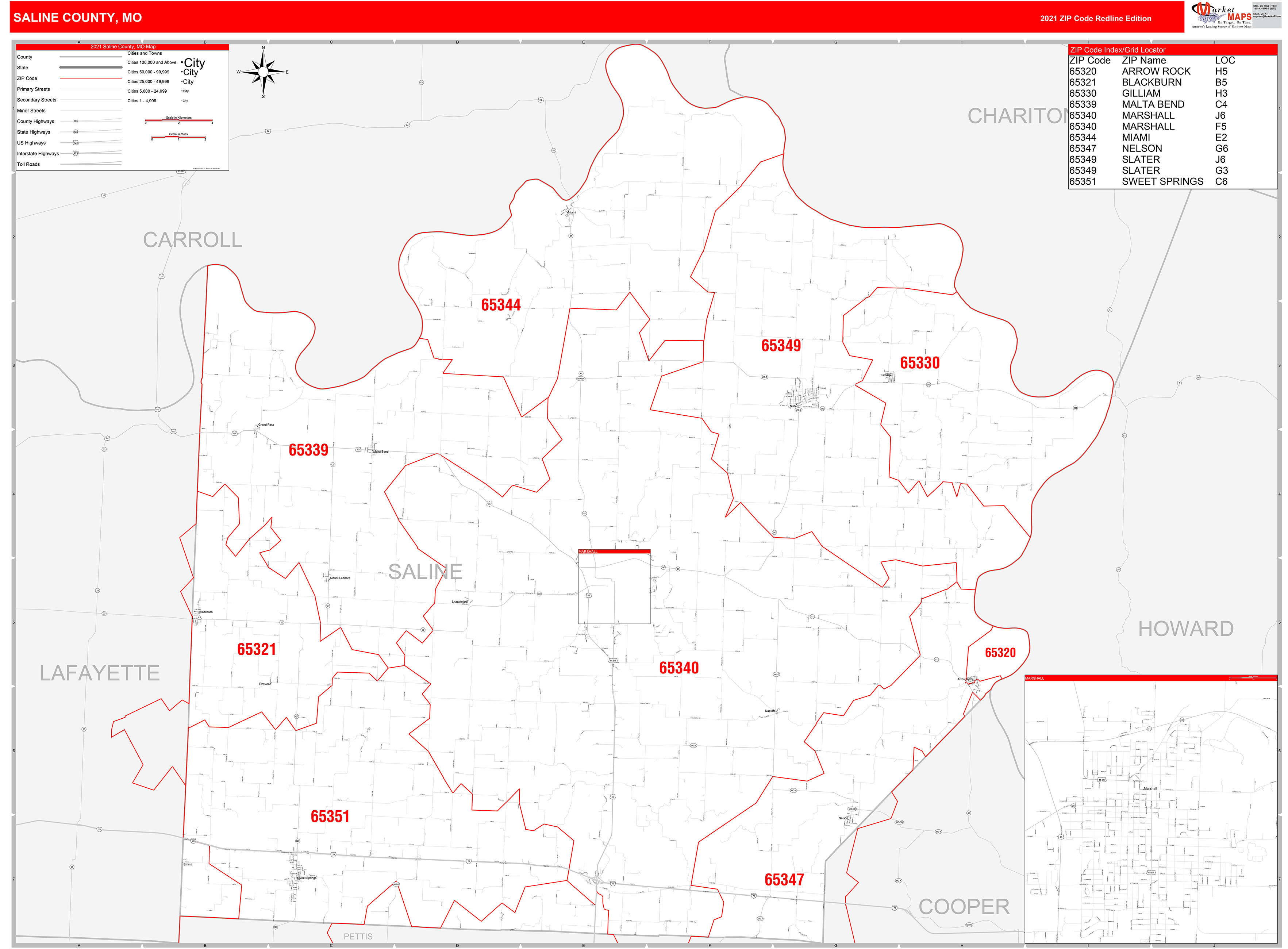 Saline County, MO Zip Code Wall Map Red Line Style by MarketMAPS