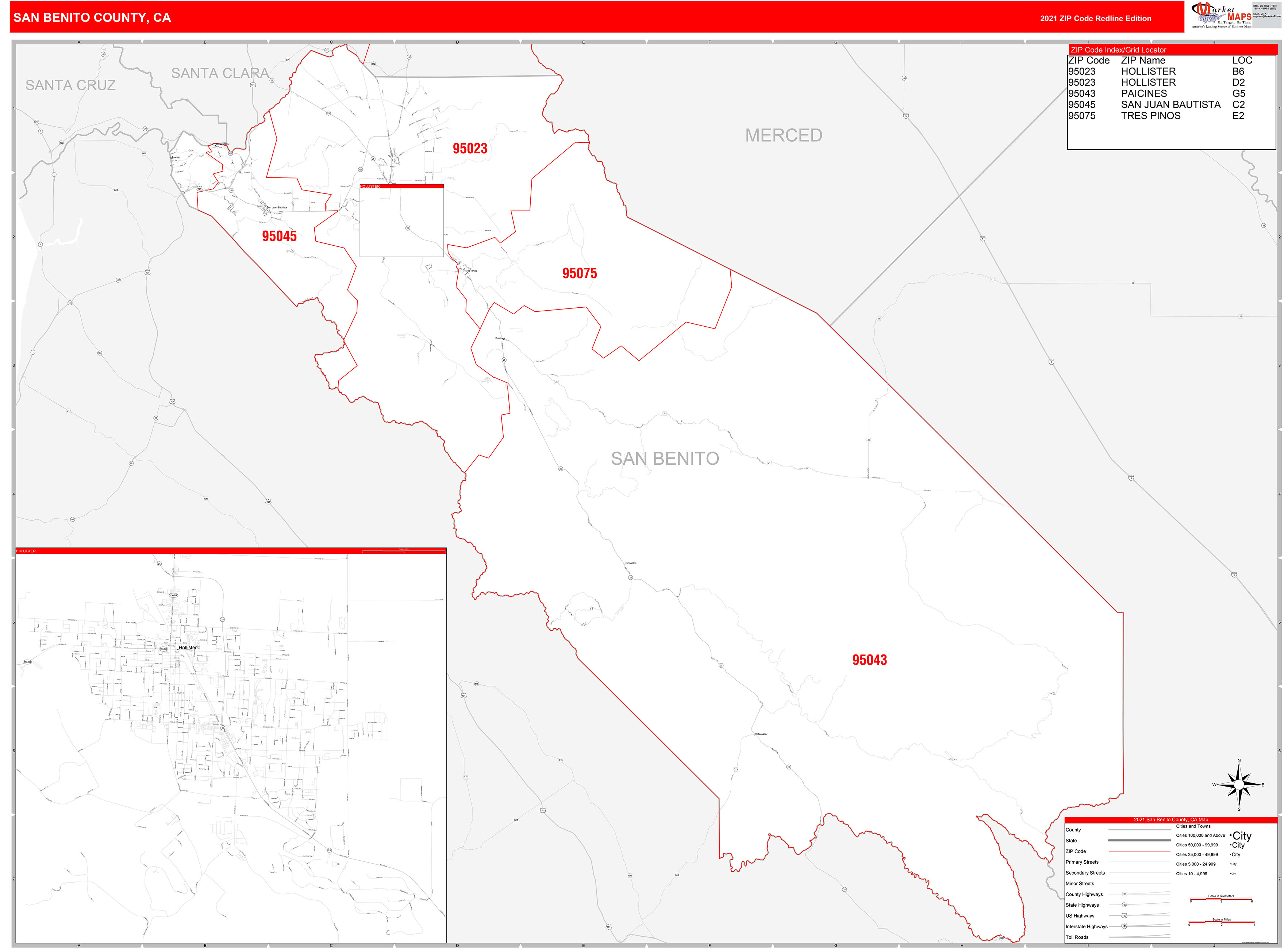 San Benito County, CA Zip Code Wall Map Red Line Style by MarketMAPS ...