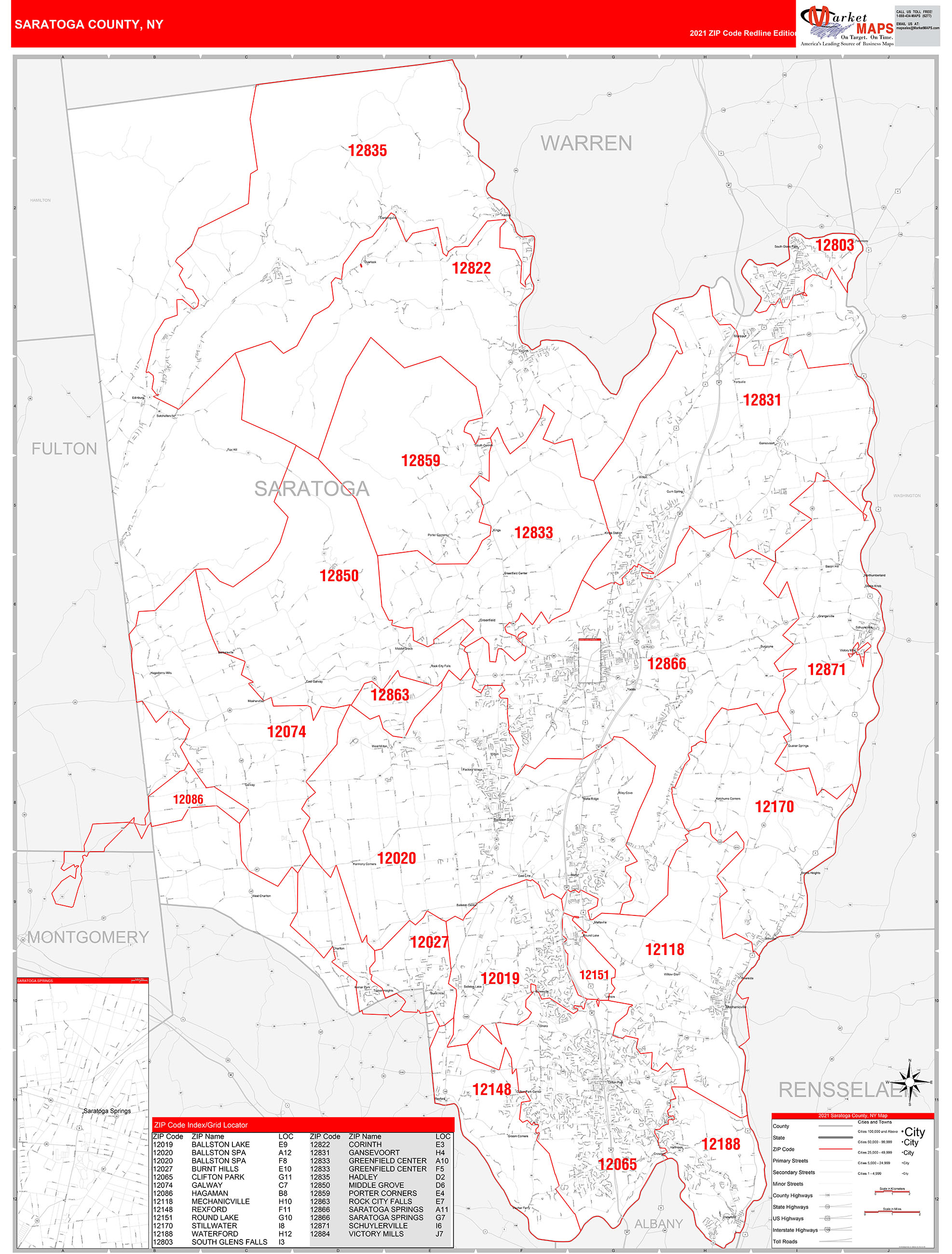 Saratoga County, Ny Zip Code Wall Map Red Line Style By Marketmaps 