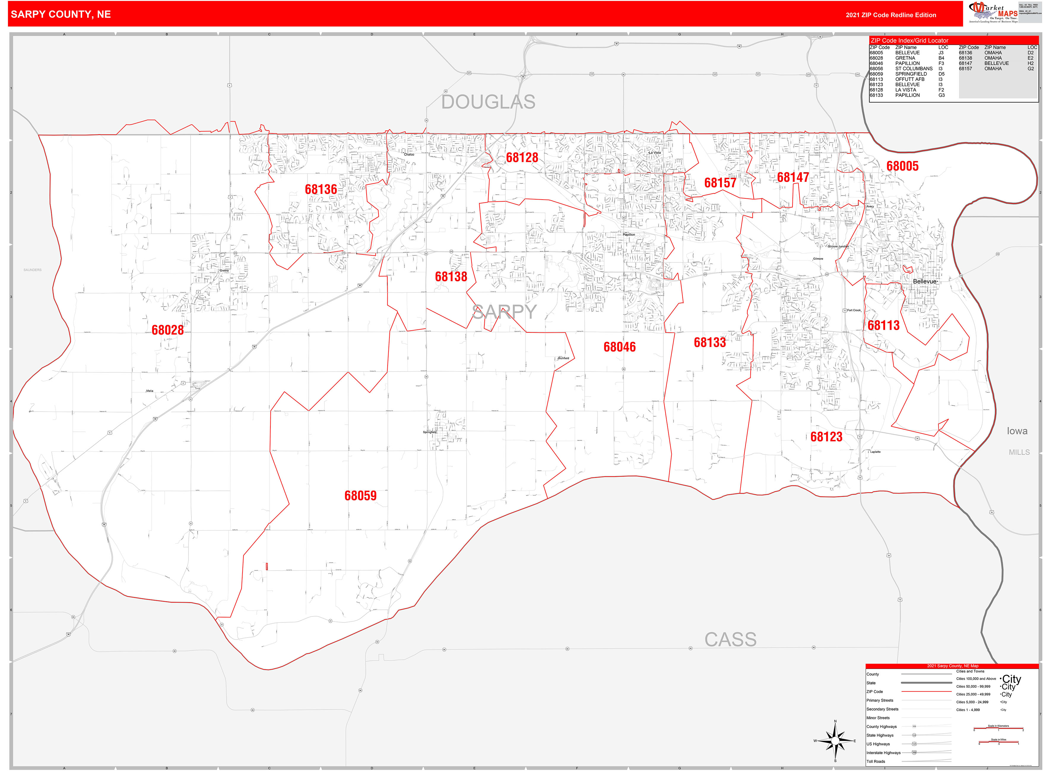 Sarpy County, NE Zip Code Wall Map Red Line Style by MarketMAPS MapSales