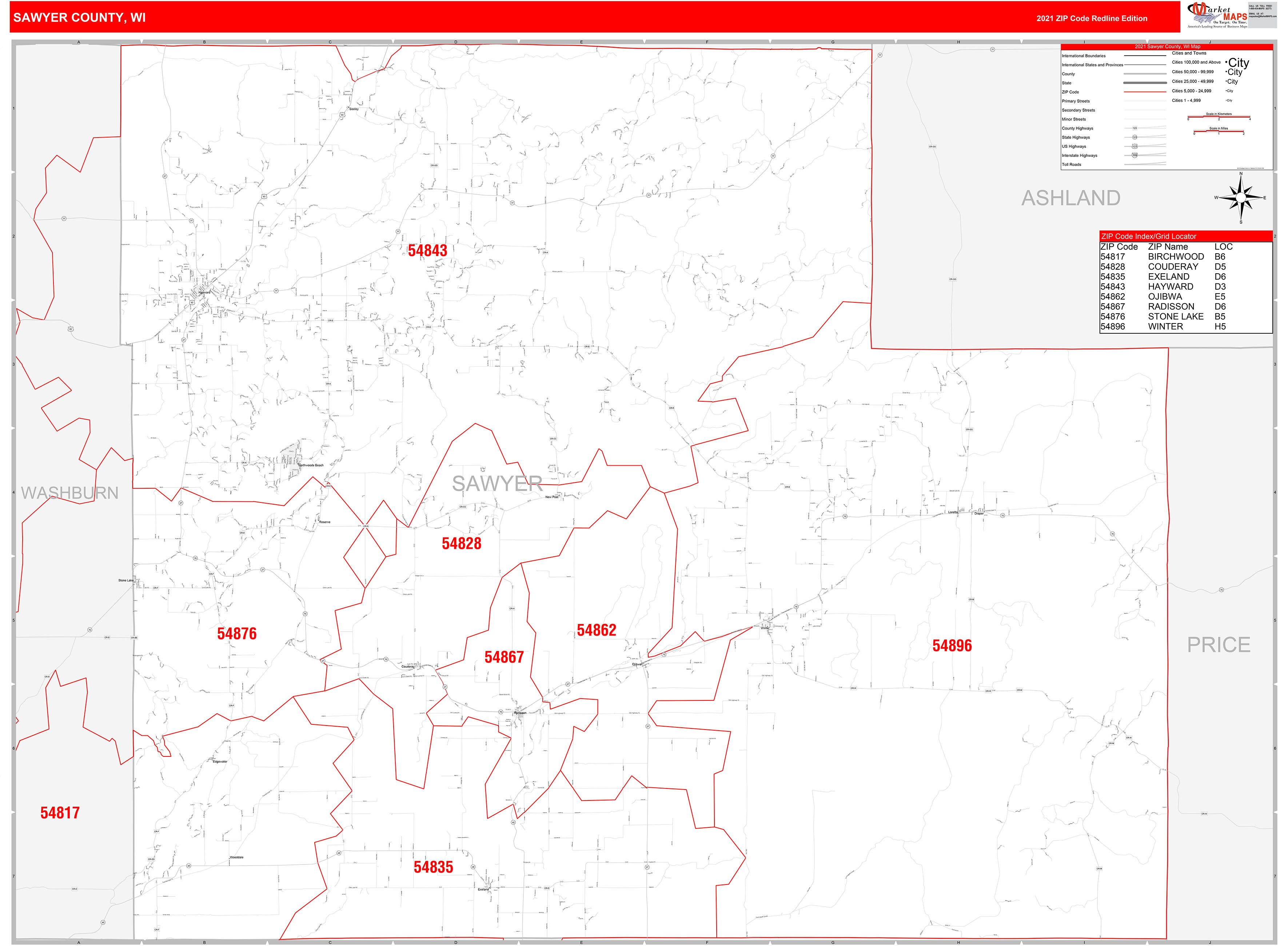 Sawyer County, WI Zip Code Wall Map Red Line Style by MarketMAPS - MapSales