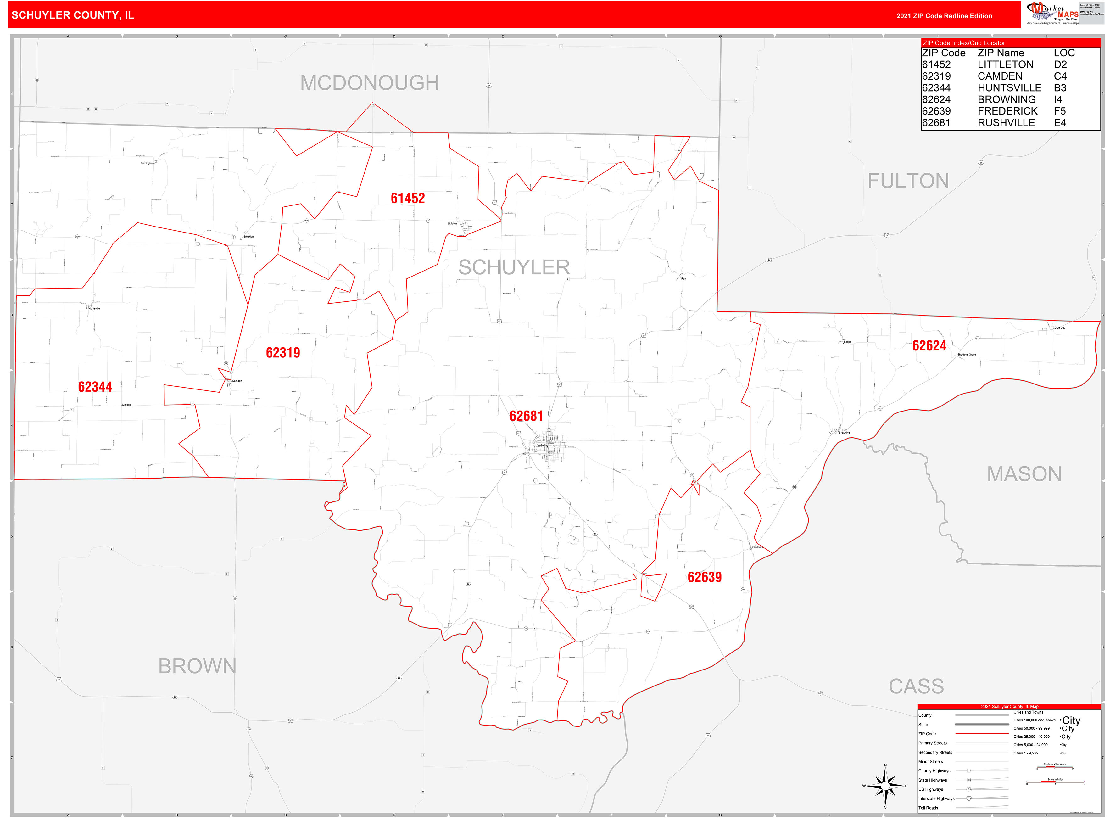 Schuyler County, IL Zip Code Wall Map Red Line Style by MarketMAPS ...