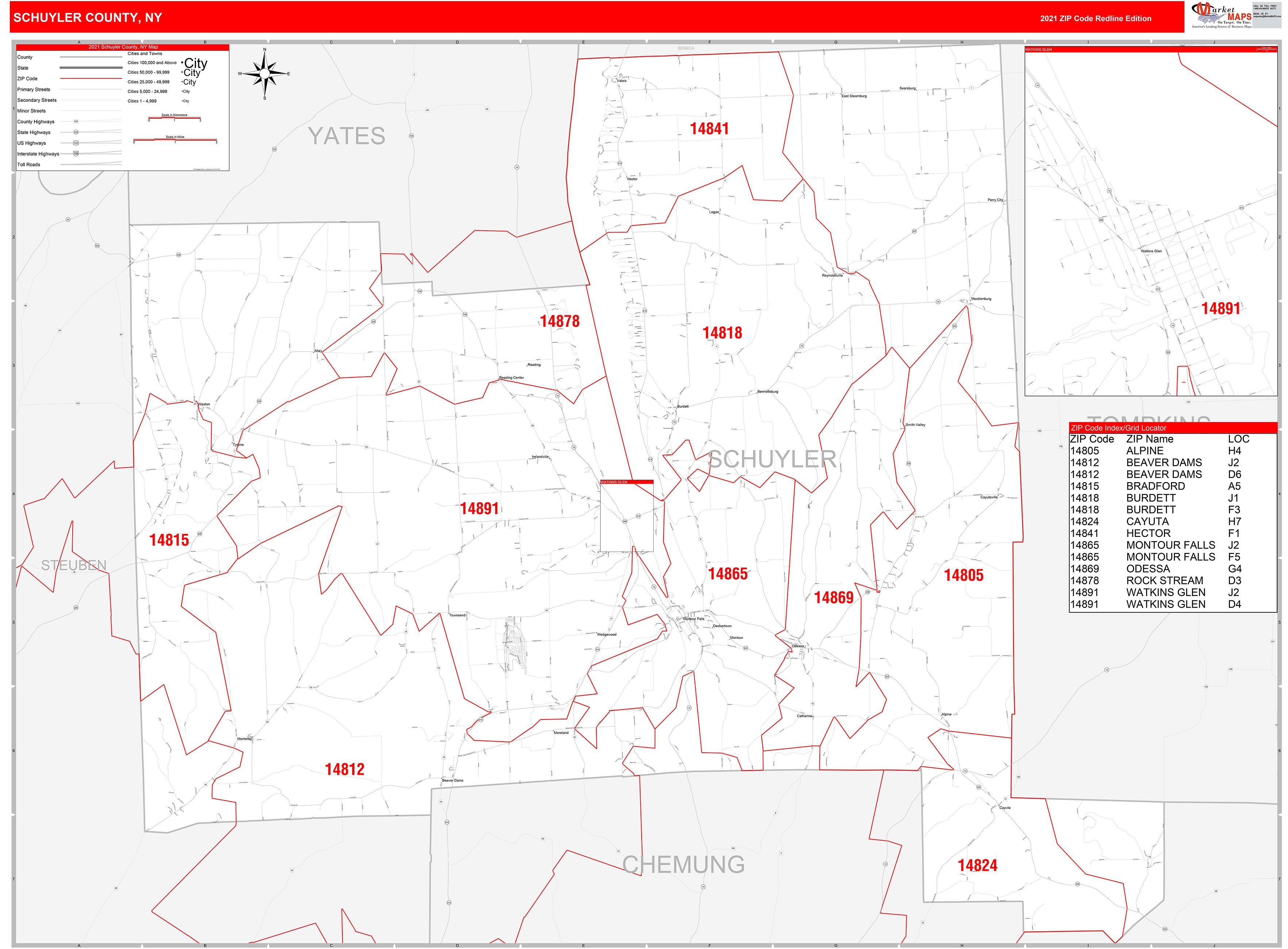 Schuyler County Ny Zip Code Wall Map Red Line Style By Marketmaps 5728