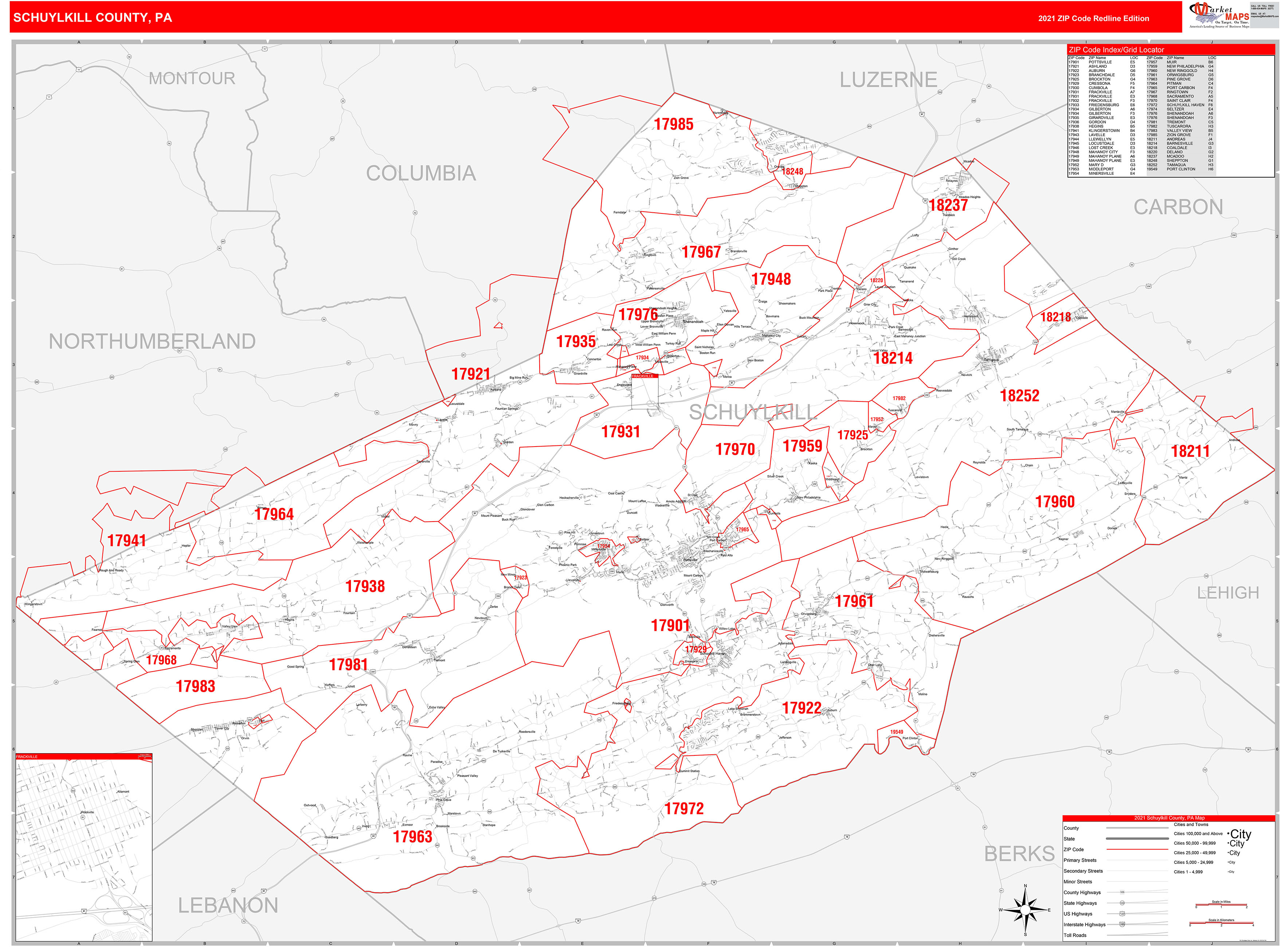Schuylkill County Pa Zip Code Wall Map Red Line Style By Marketmaps