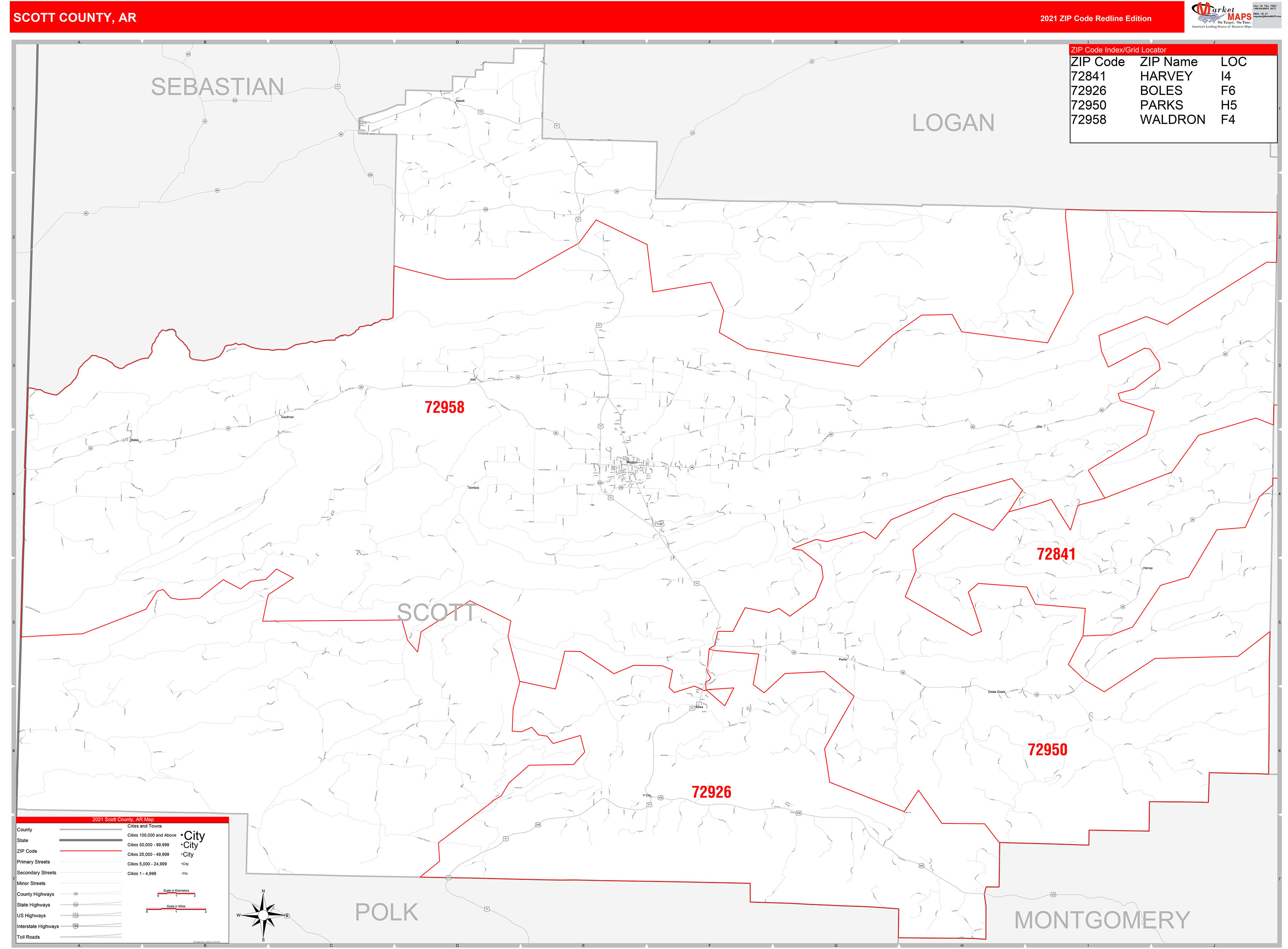 Scott County, AR Zip Code Wall Map Red Line Style by MarketMAPS