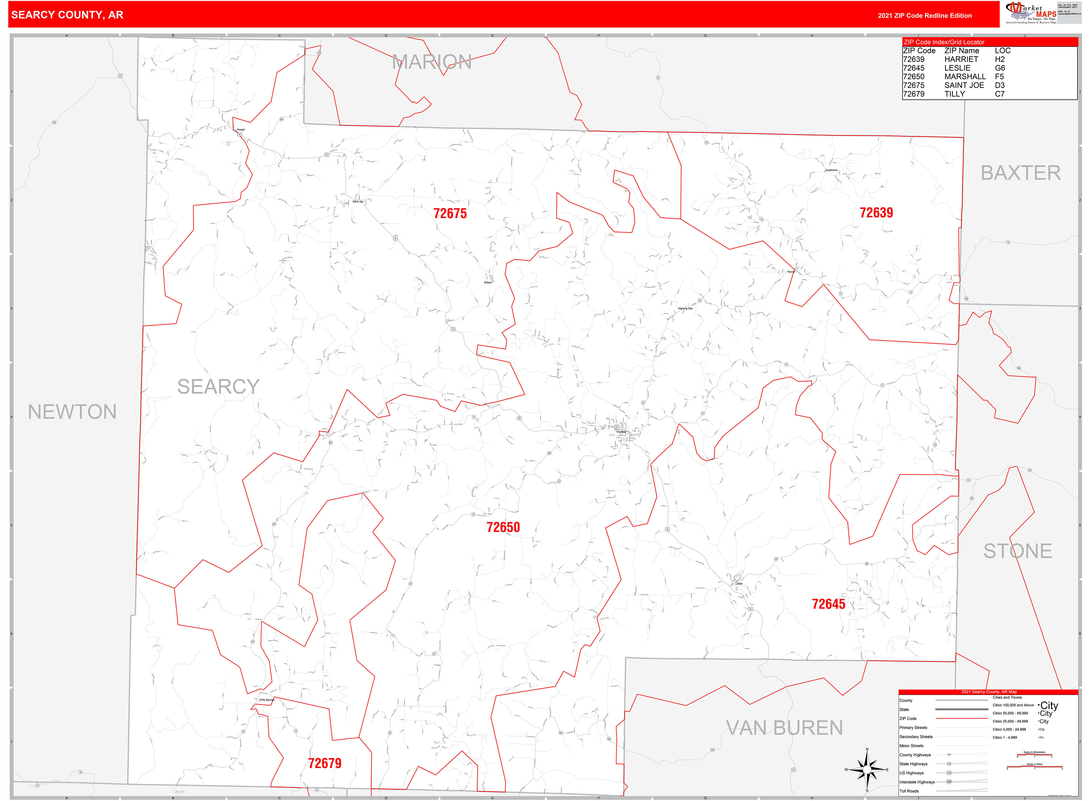 Searcy County, AR Zip Code Wall Map Red Line Style by MarketMAPS MapSales