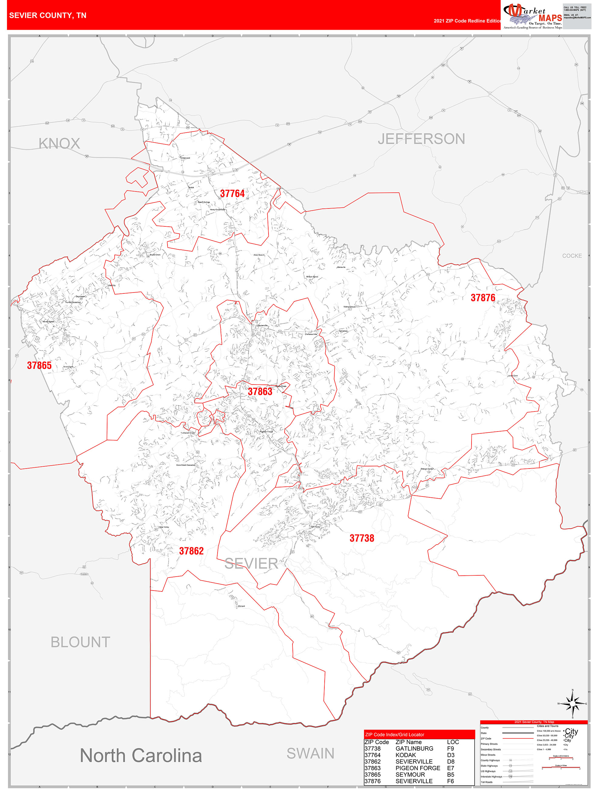 Sevier County, TN Zip Code Wall Map Red Line Style by MarketMAPS - MapSales