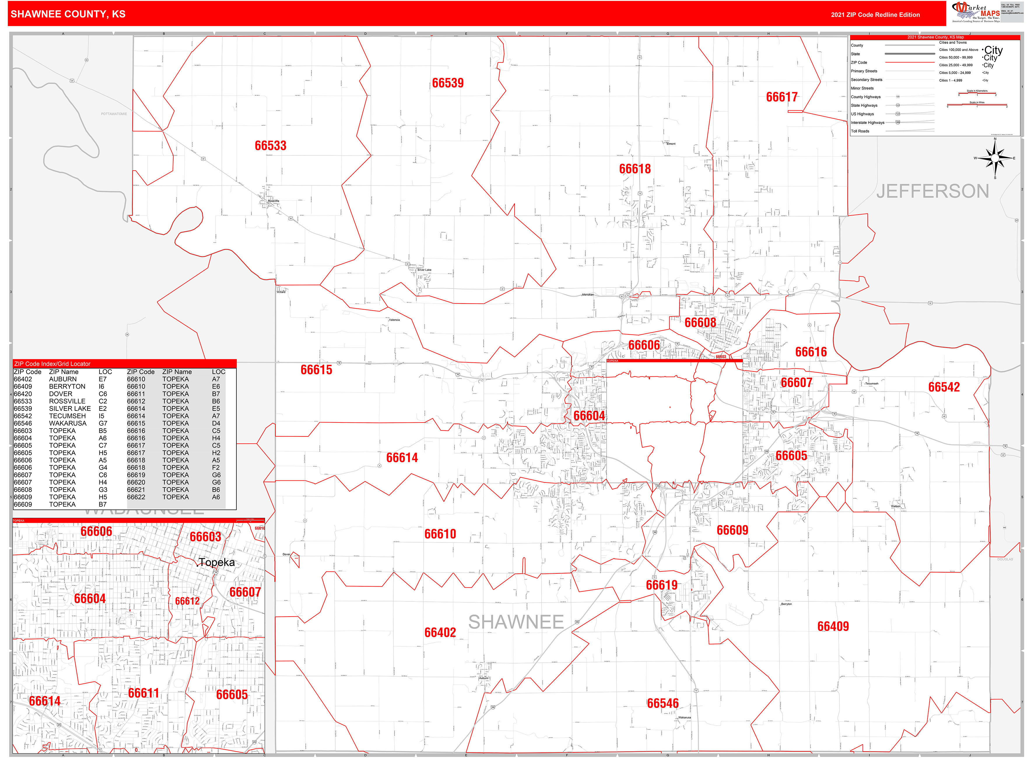 Shawnee County, KS Zip Code Wall Map Red Line Style by MarketMAPS ...