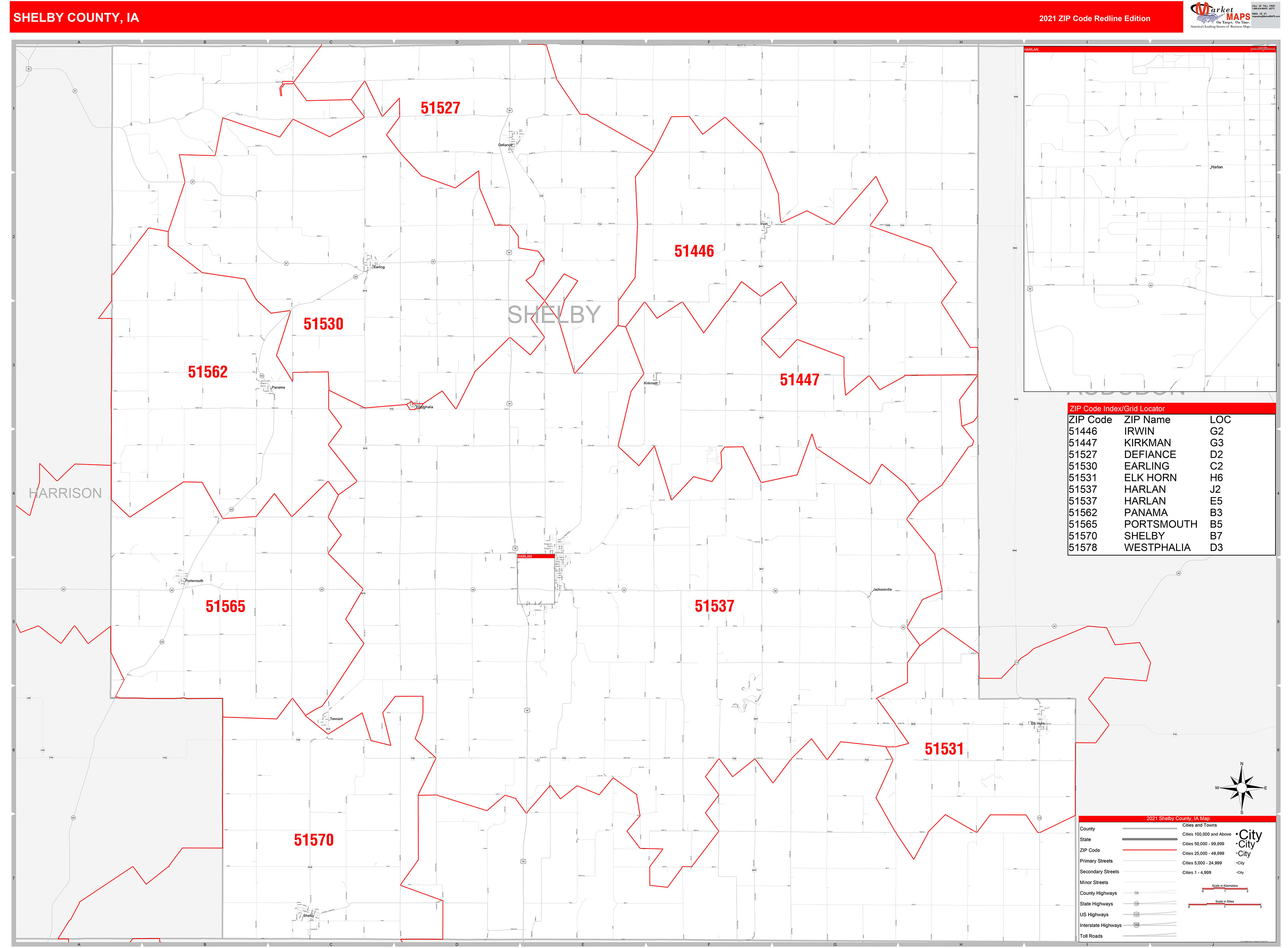 Shelby County, IA Zip Code Wall Map Red Line Style by MarketMAPS