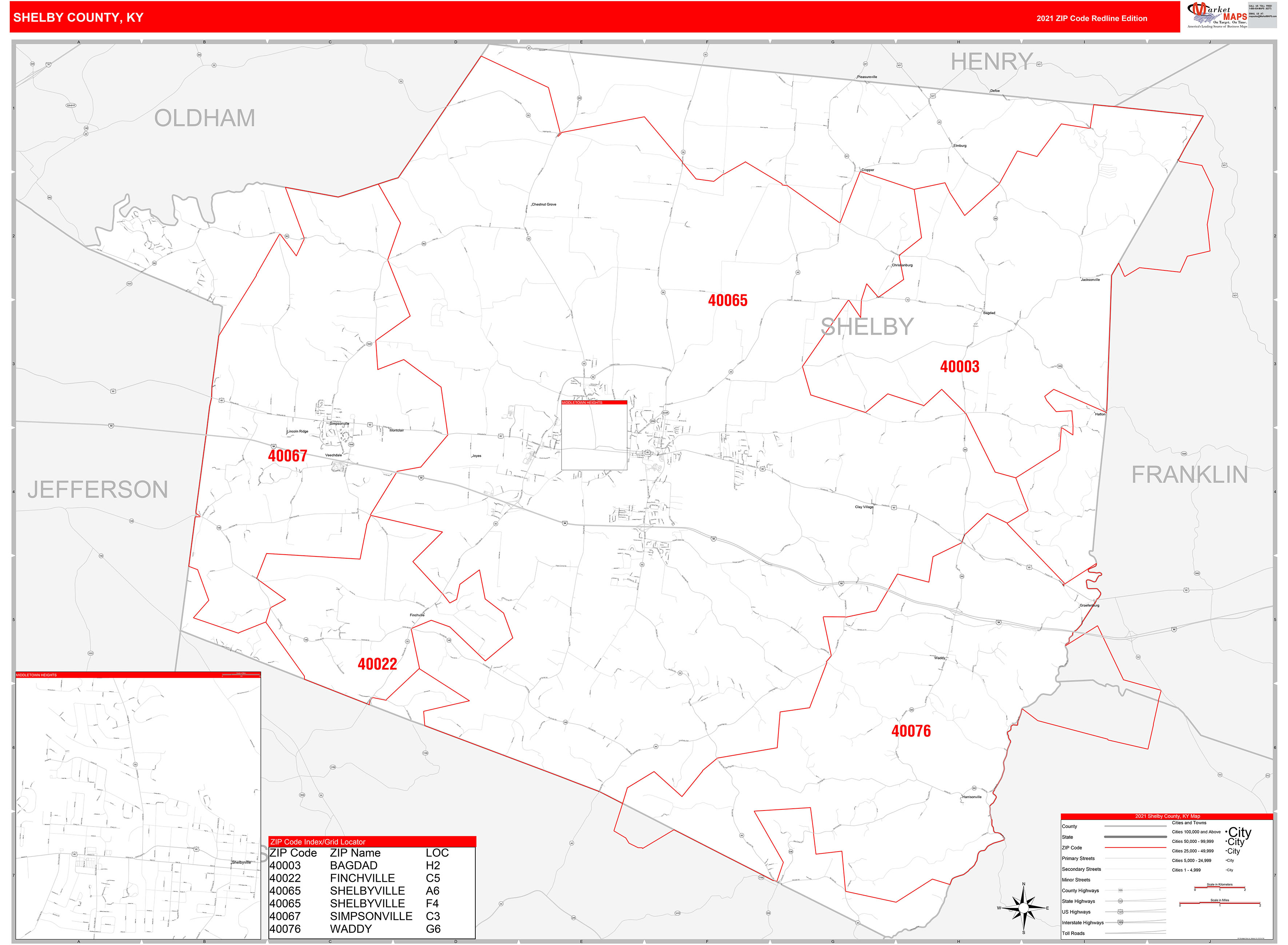 Shelby County, KY Zip Code Wall Map Red Line Style by MarketMAPS MapSales