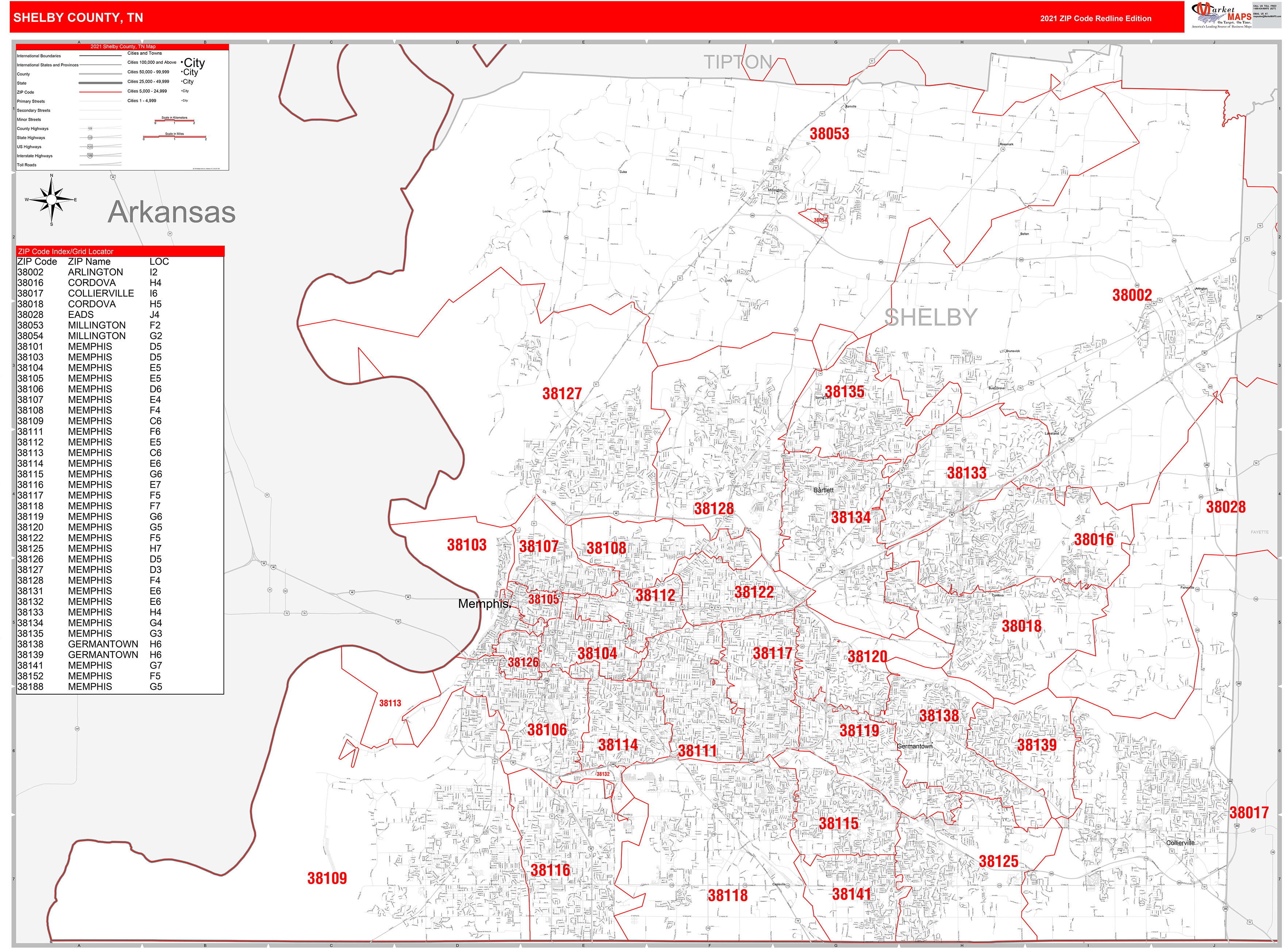 Shelby County Tn Zip Code Wall Map Red Line Style By Marketmaps Mapsales 2310