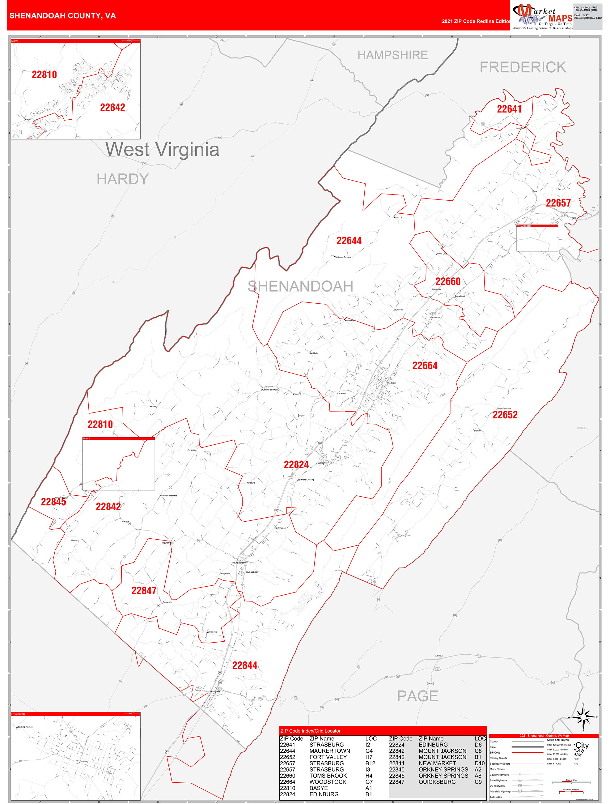 Shenandoah County, VA Zip Code Wall Map Red Line Style by MarketMAPS ...