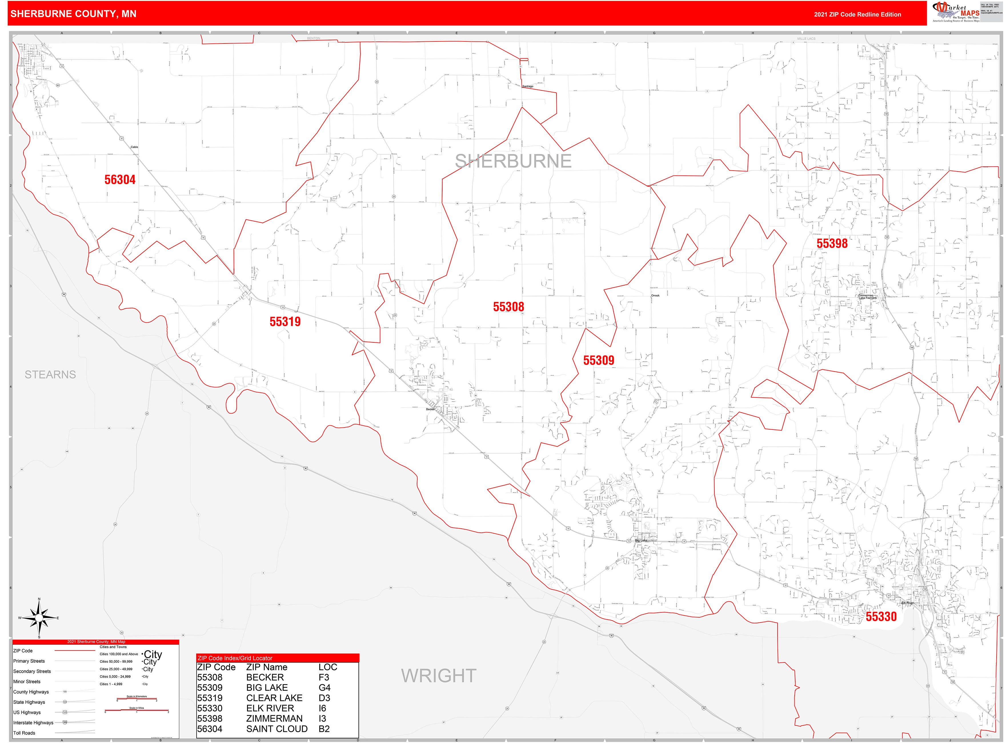 Sherburne County, MN Zip Code Wall Map Red Line Style by MarketMAPS