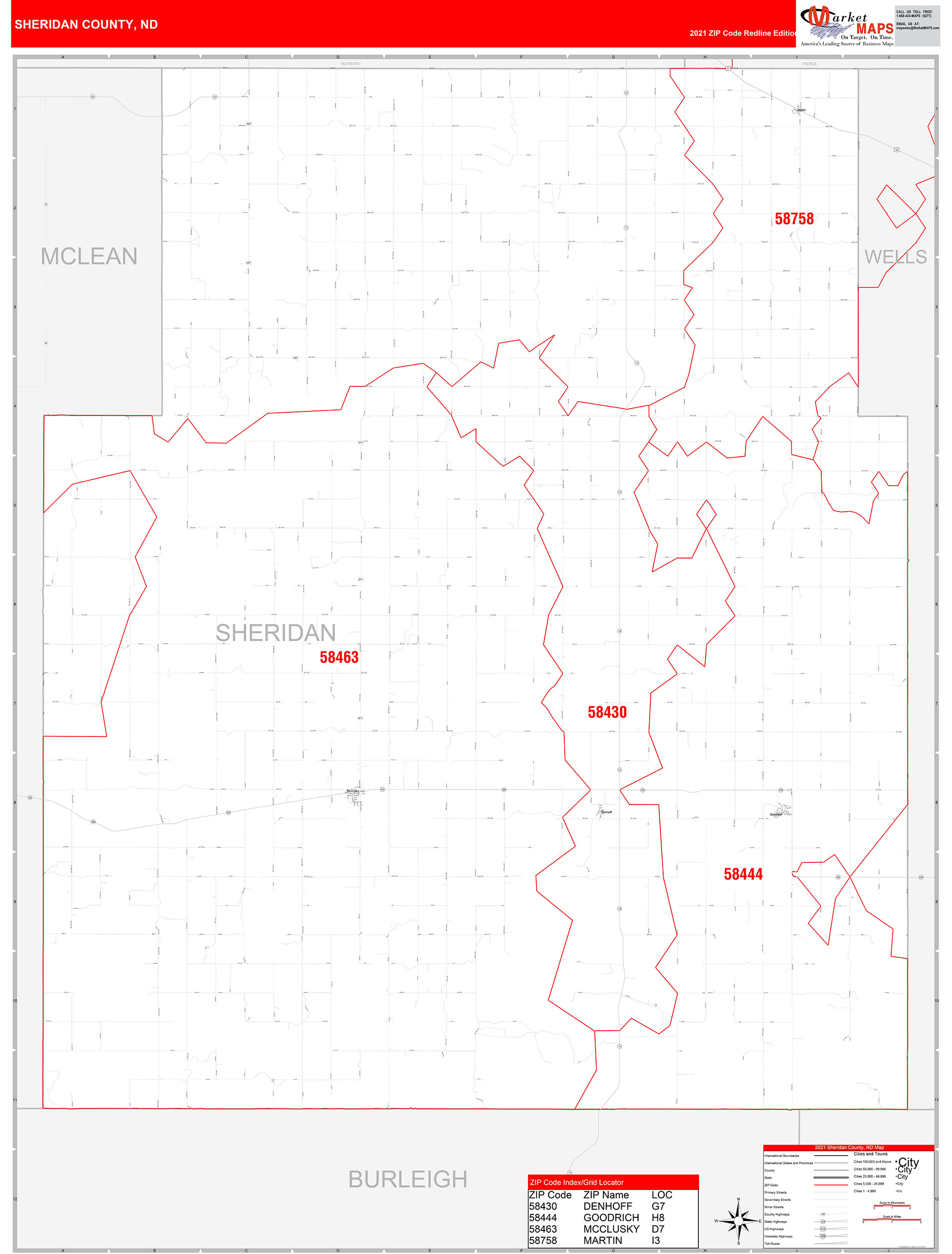 Sheridan County, ND Zip Code Wall Map Red Line Style by MarketMAPS ...