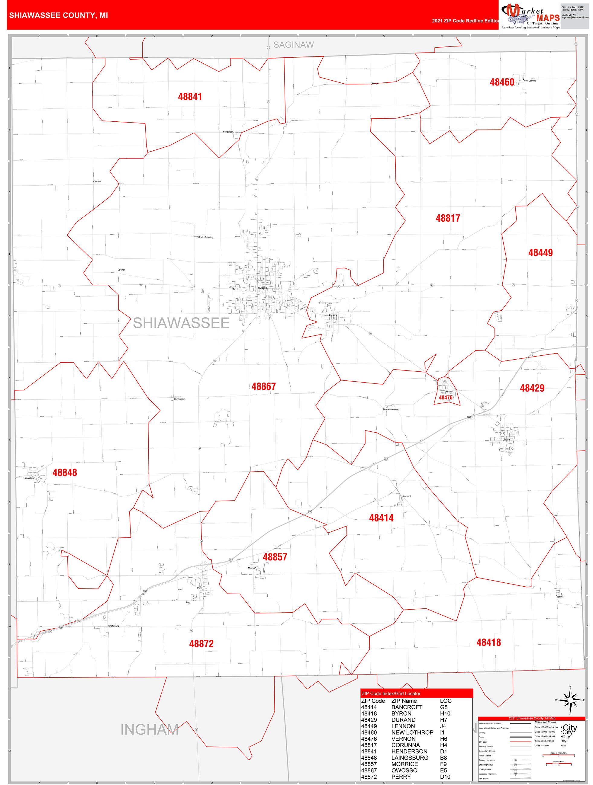 Shiawassee County, MI Zip Code Wall Map Red Line Style by MarketMAPS ...