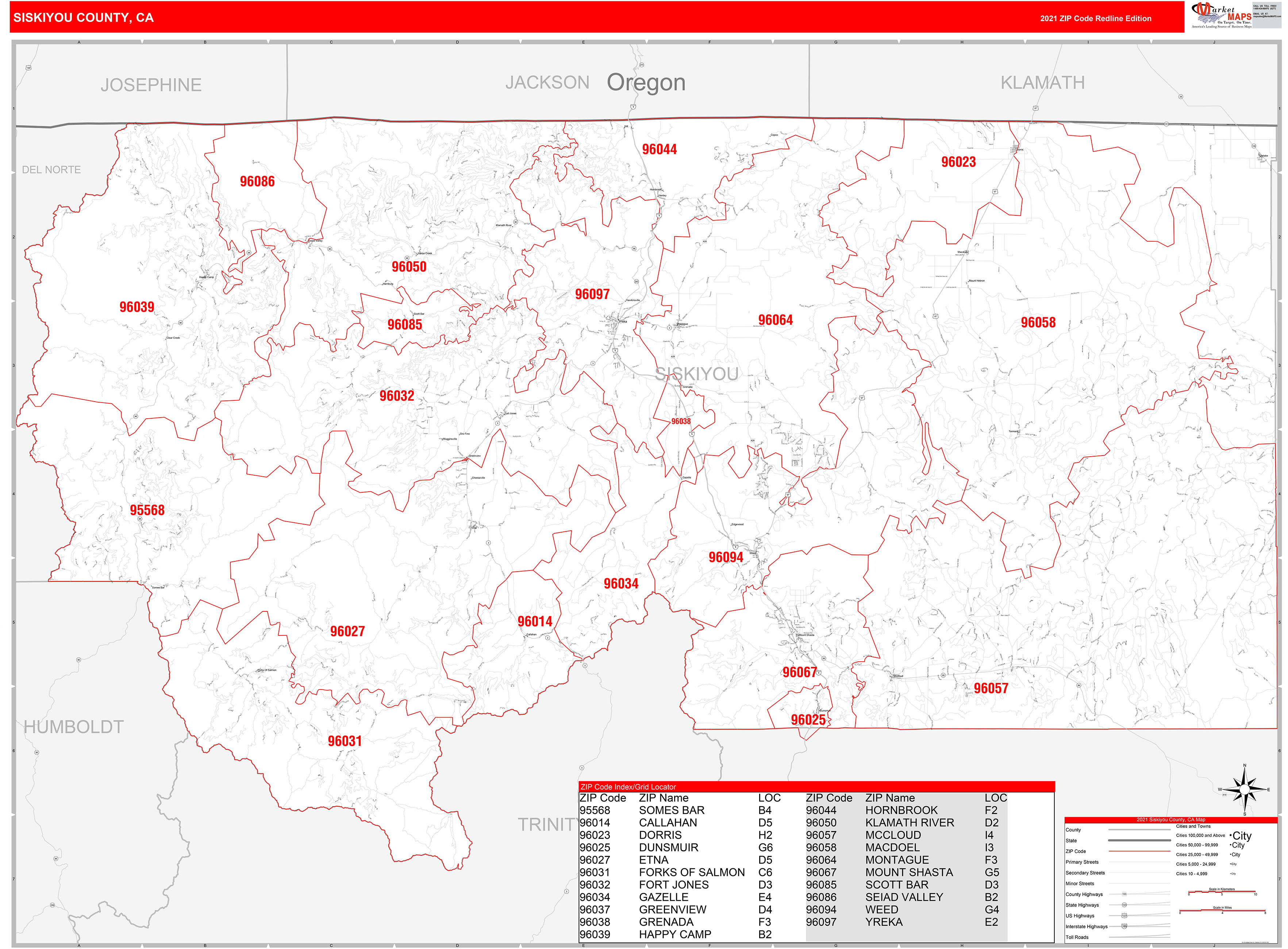 Siskiyou County, CA Zip Code Wall Map Red Line Style by MarketMAPS