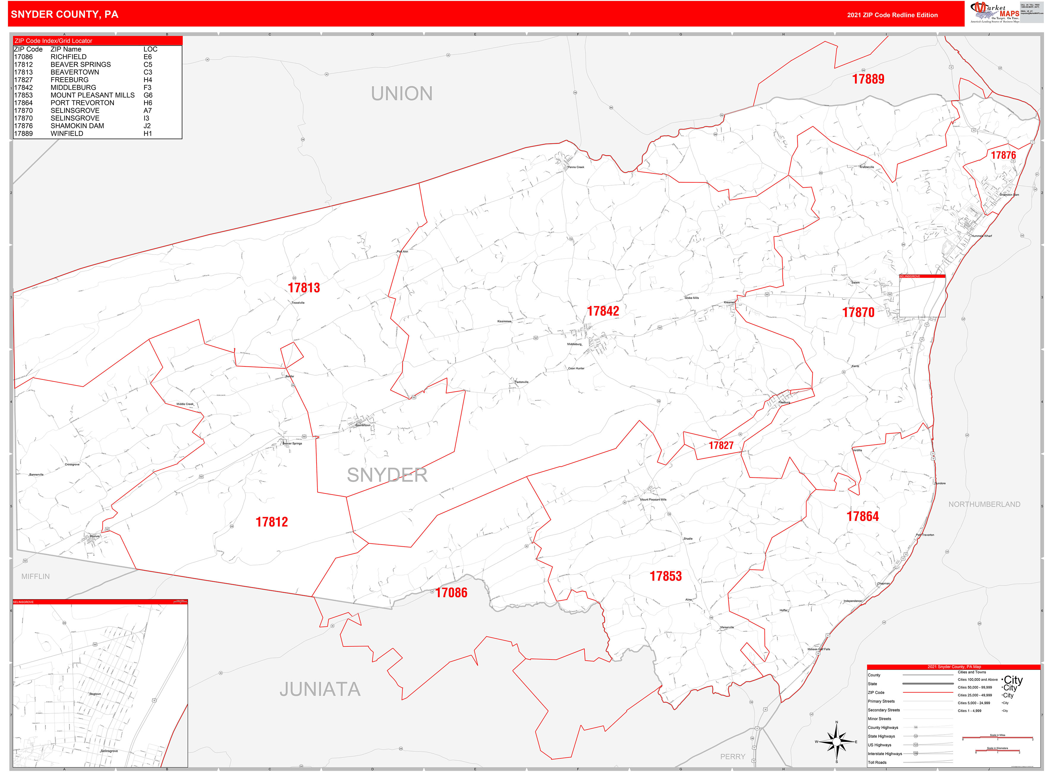 Snyder County, PA Zip Code Wall Map Red Line Style by MarketMAPS