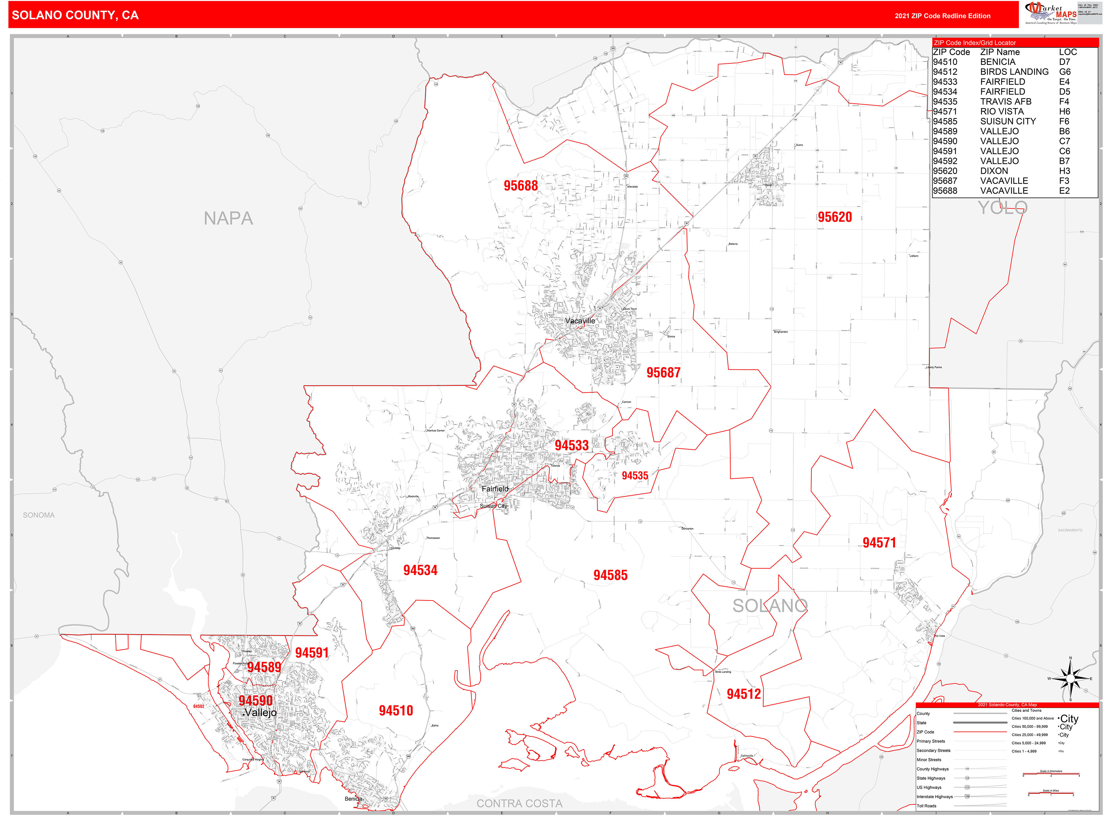Solano County, CA Zip Code Wall Map Red Line Style by MarketMAPS