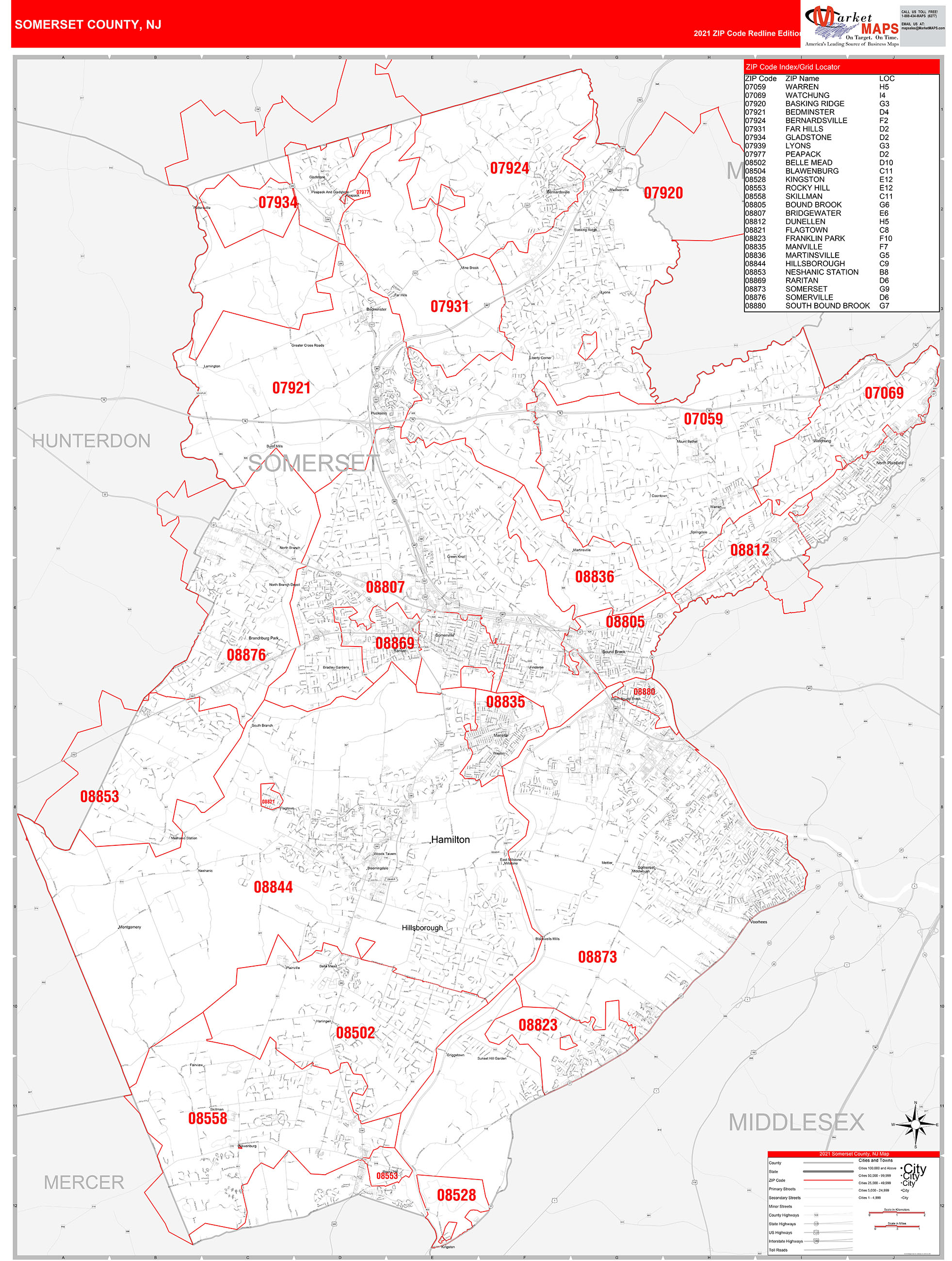 Somerset County, NJ Zip Code Wall Map Red Line Style by MarketMAPS