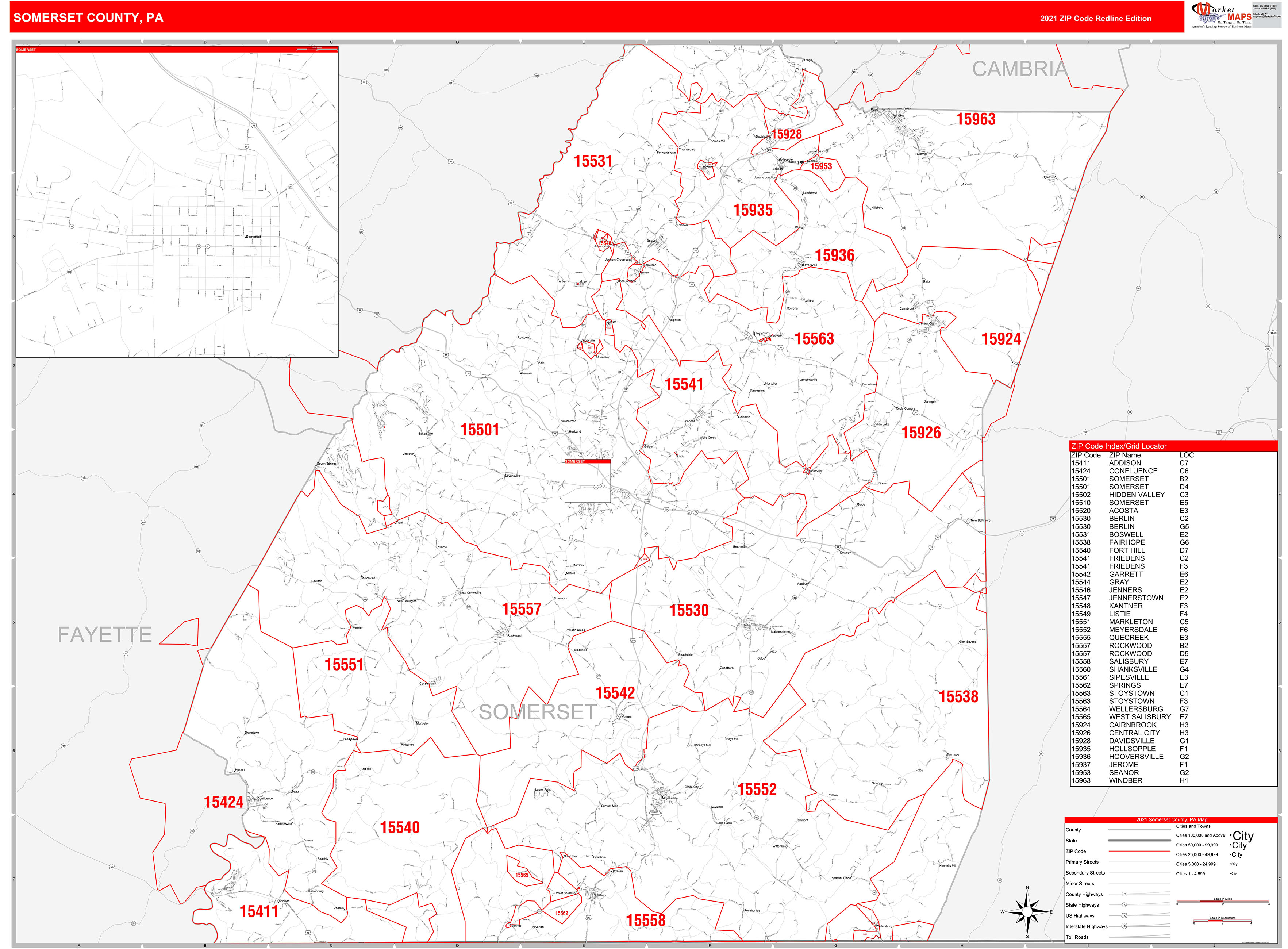 Somerset County, PA Zip Code Wall Map Red Line Style by MarketMAPS