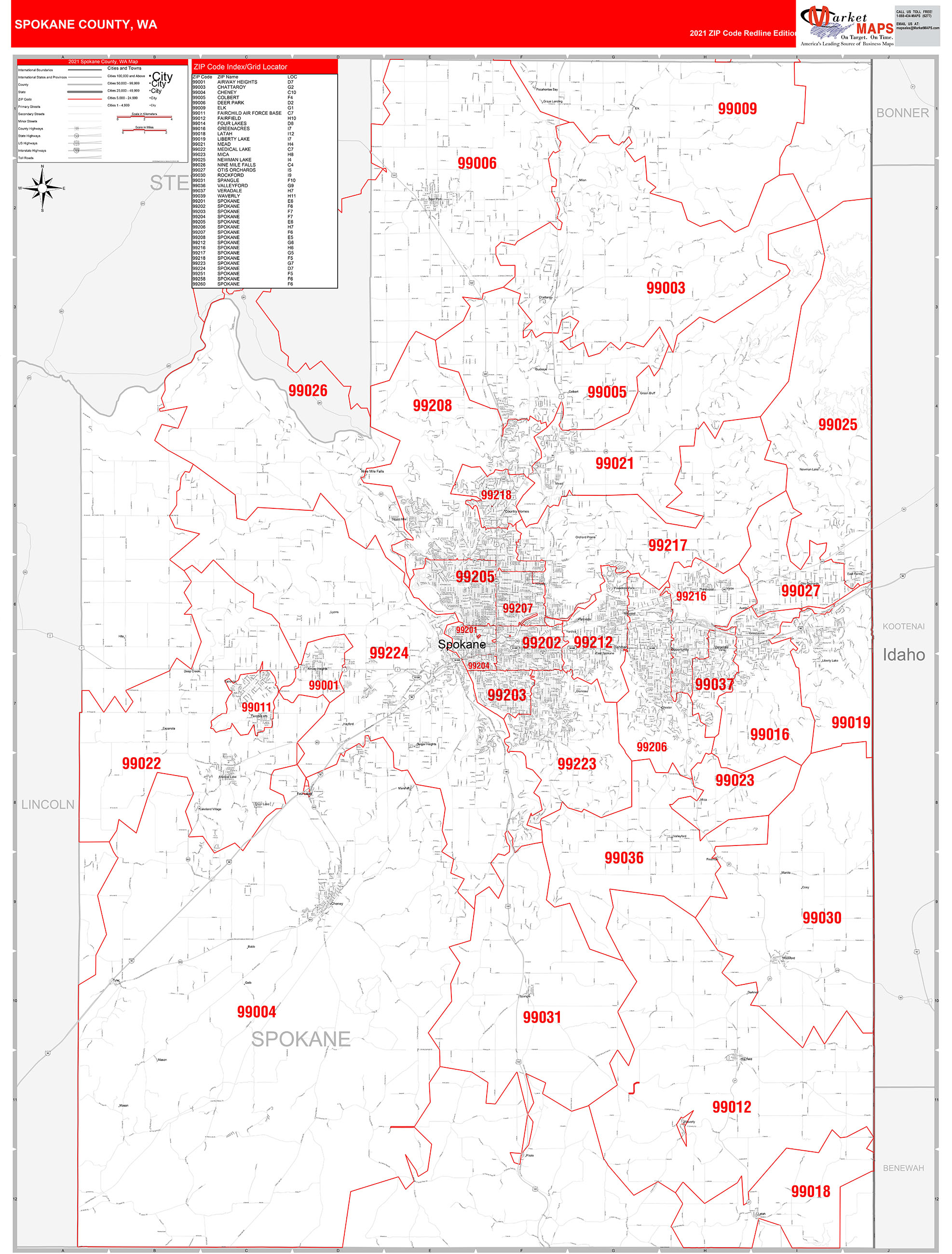 Spokane County, WA Zip Code Wall Map Red Line Style by MarketMAPS ...