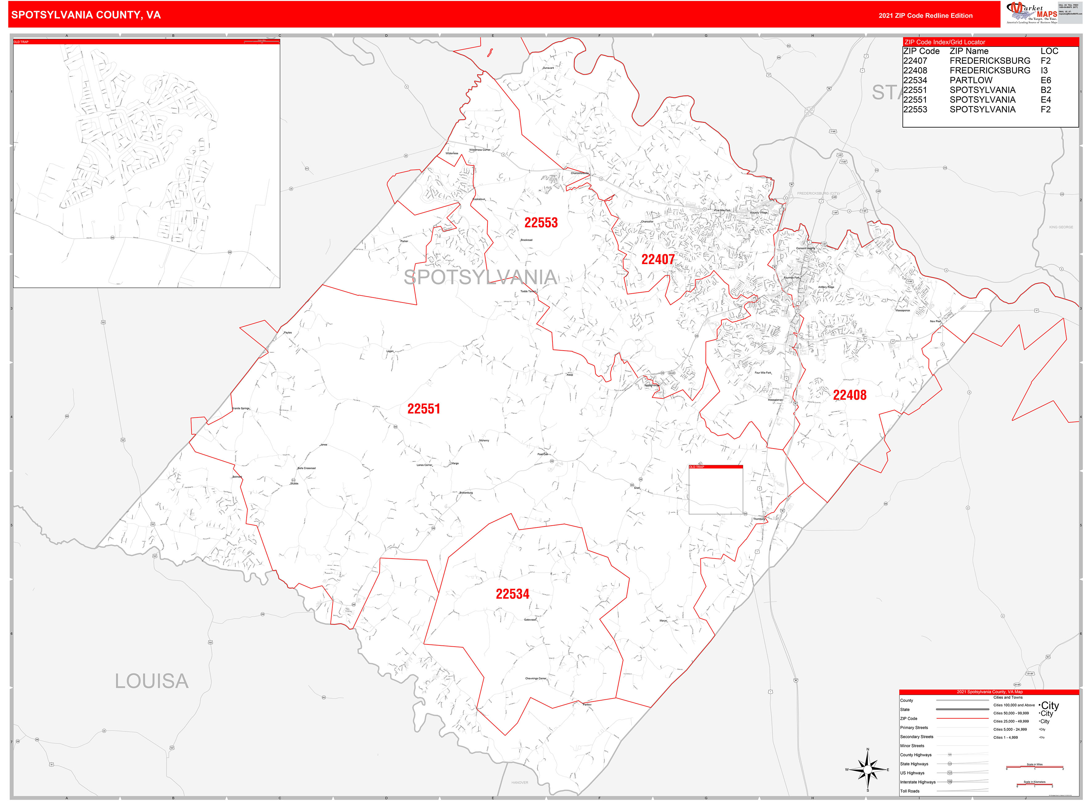 Spotsylvania County Va Zip Code Wall Map Red Line Style By Marketmaps Mapsales 9873