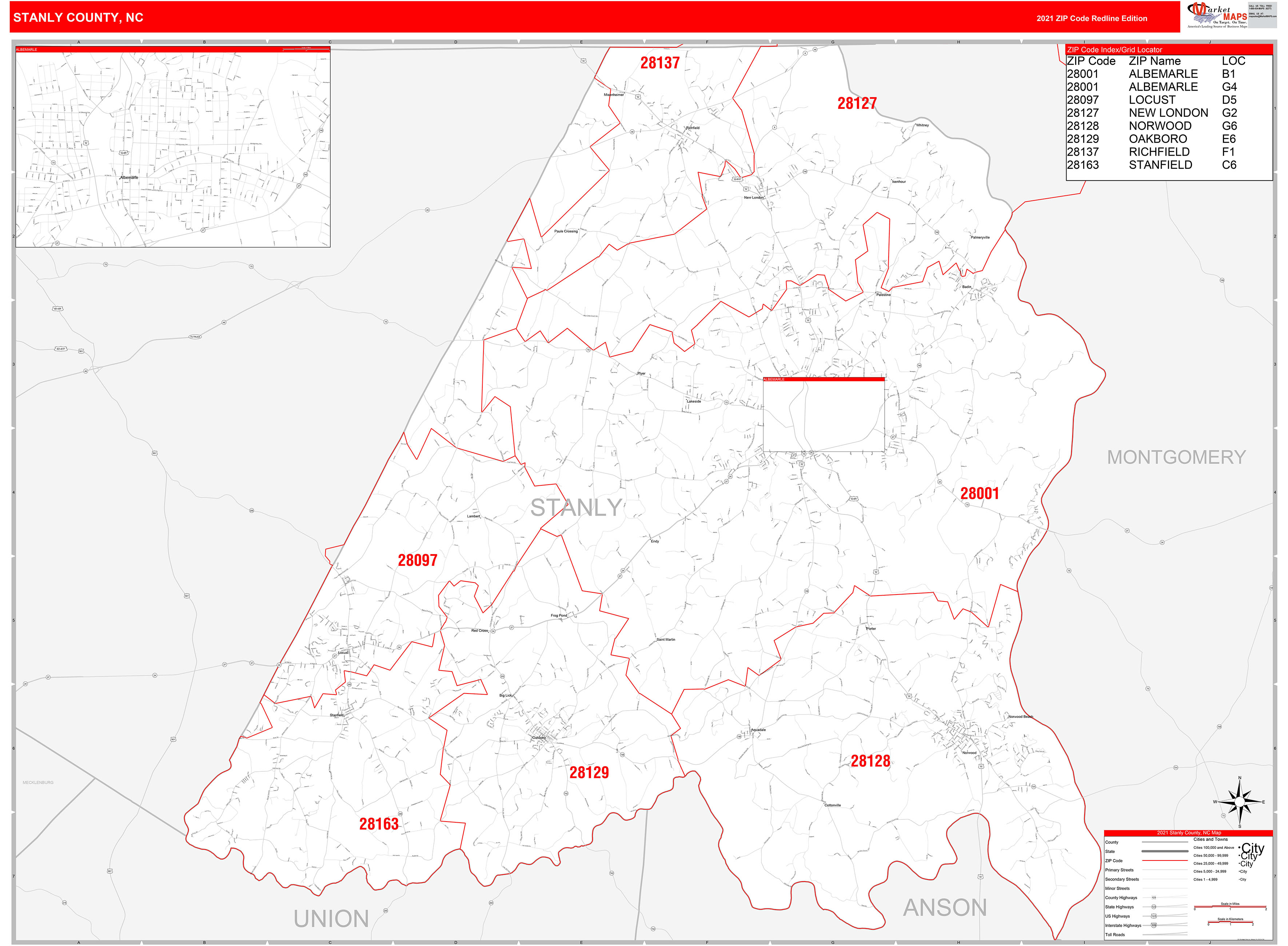 Stanly County, NC Zip Code Wall Map Red Line Style by MarketMAPS - MapSales