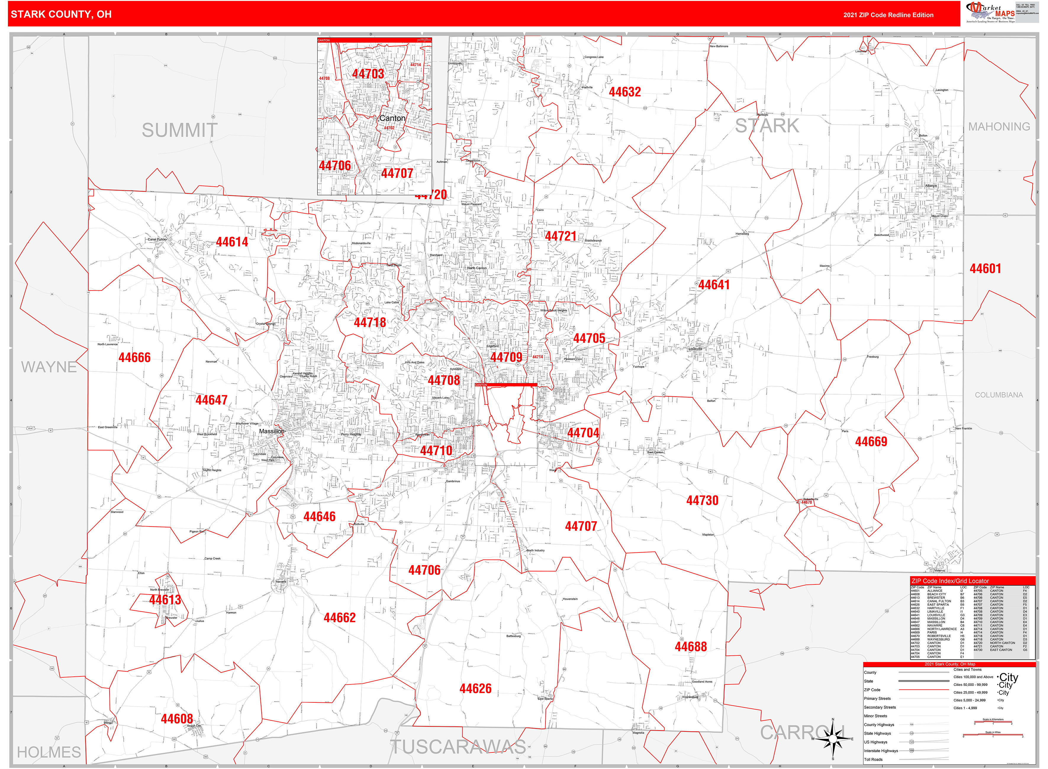 Stark County, OH Zip Code Wall Map Red Line Style by MarketMAPS - MapSales