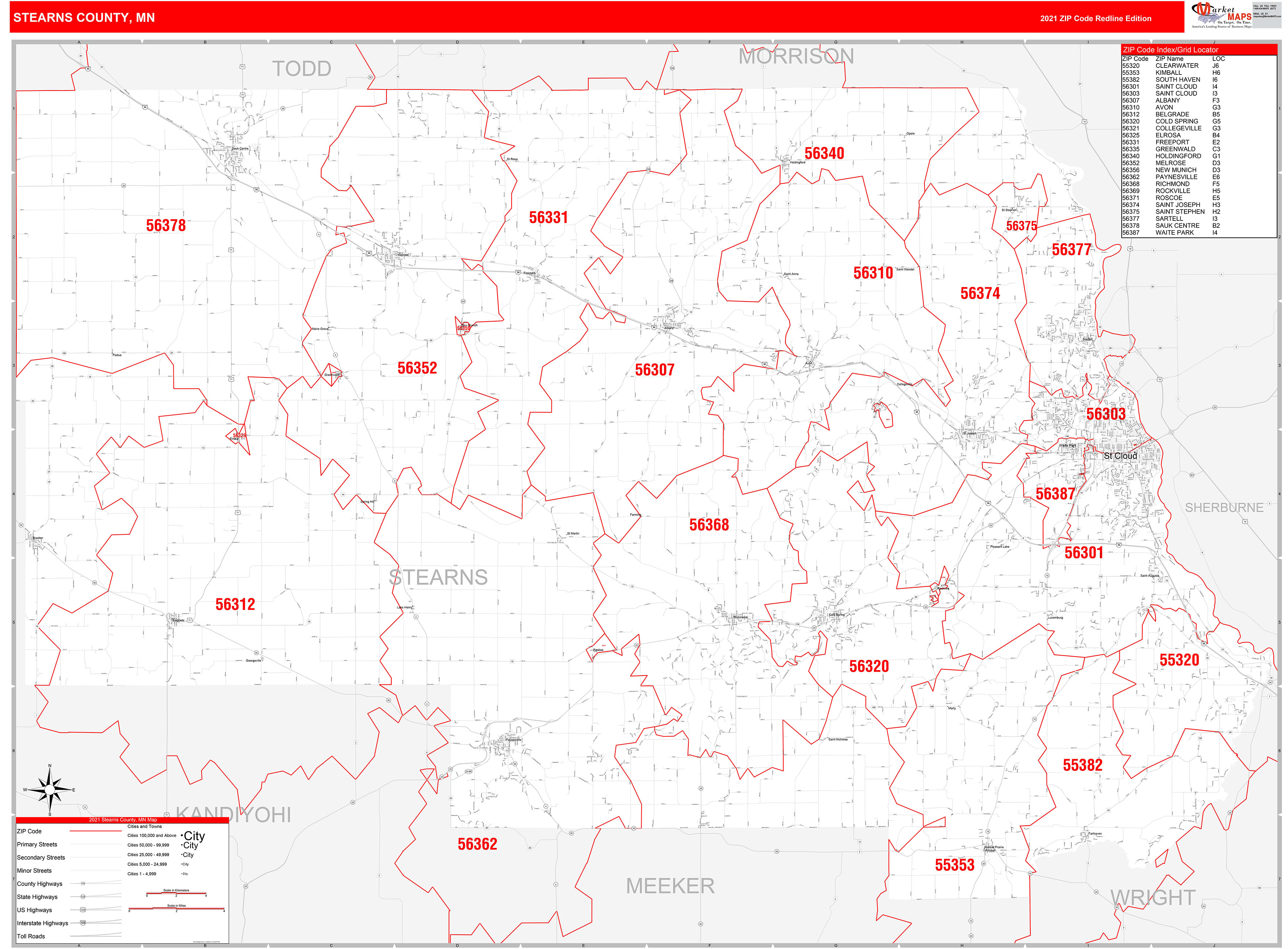 Stearns County, MN Zip Code Wall Map Red Line Style by MarketMAPS ...