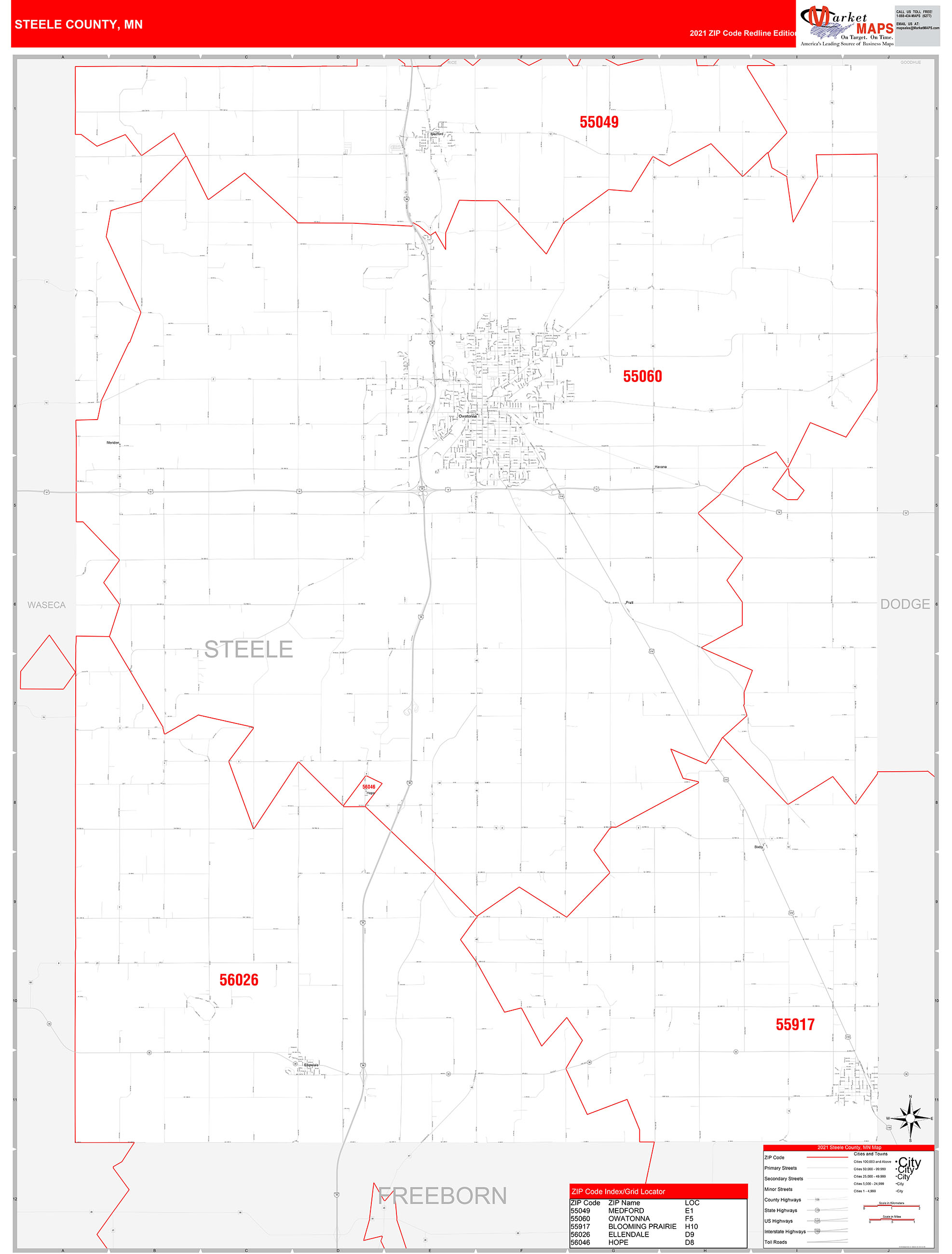 Steele County, MN Zip Code Wall Map Red Line Style by MarketMAPS