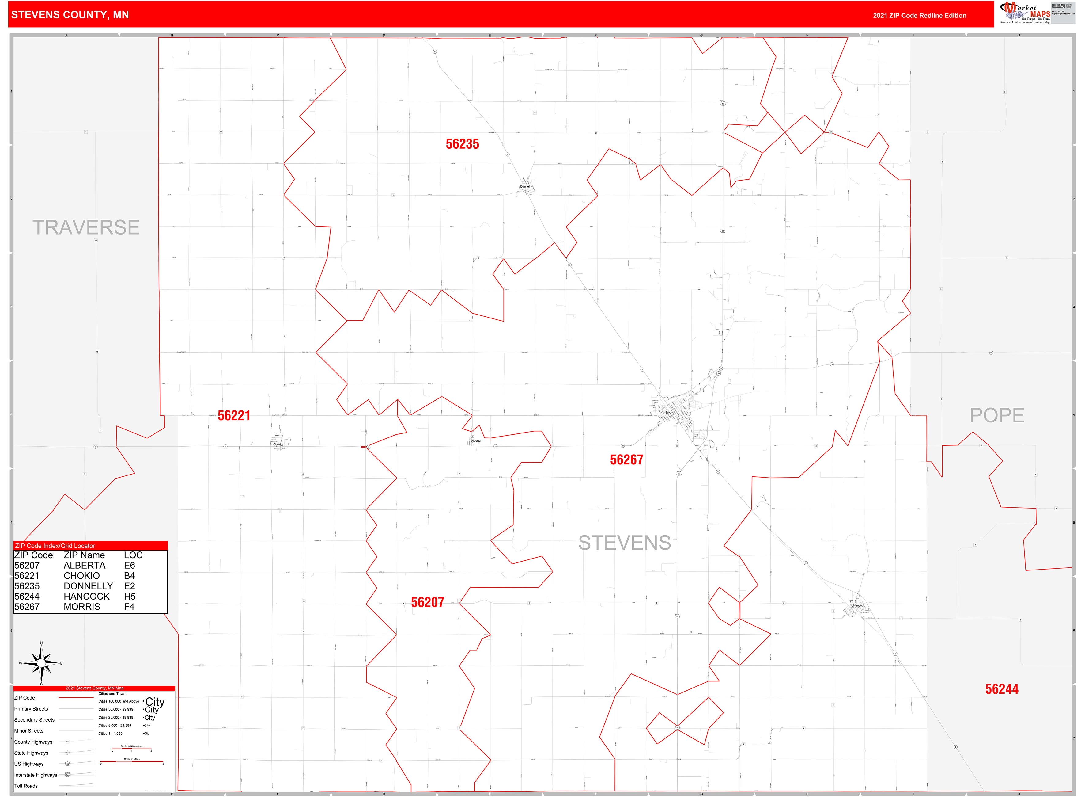 Stevens County, MN Zip Code Wall Map Red Line Style by MarketMAPS