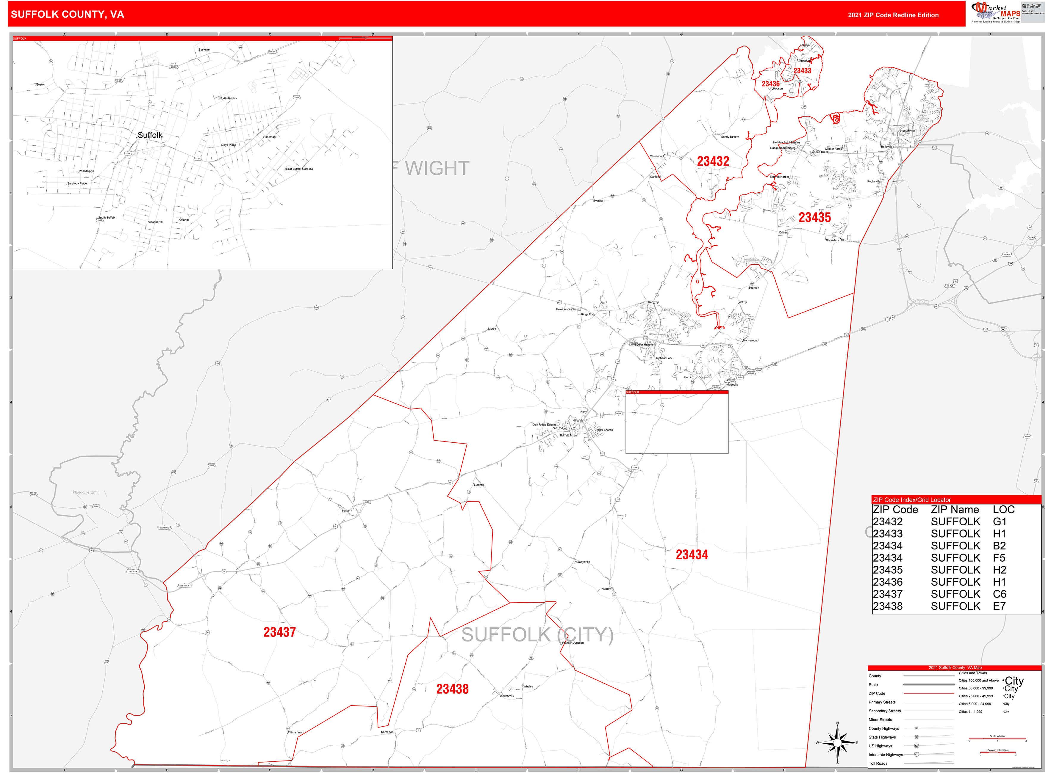 Suffolk County VA Zip Code Wall Map Red Line Style by MarketMAPS
