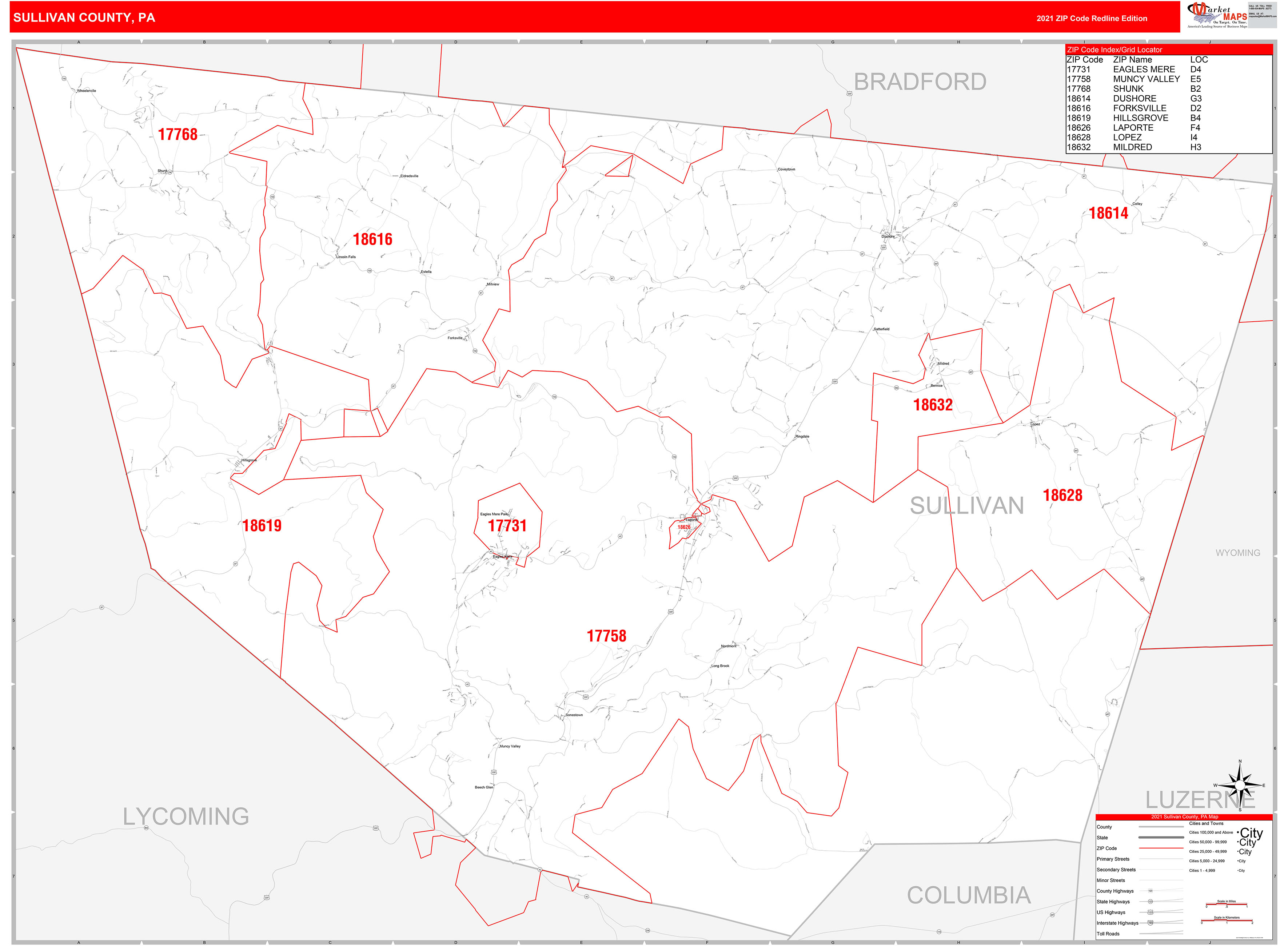 Sullivan County, PA Zip Code Wall Map Red Line Style by MarketMAPS ...