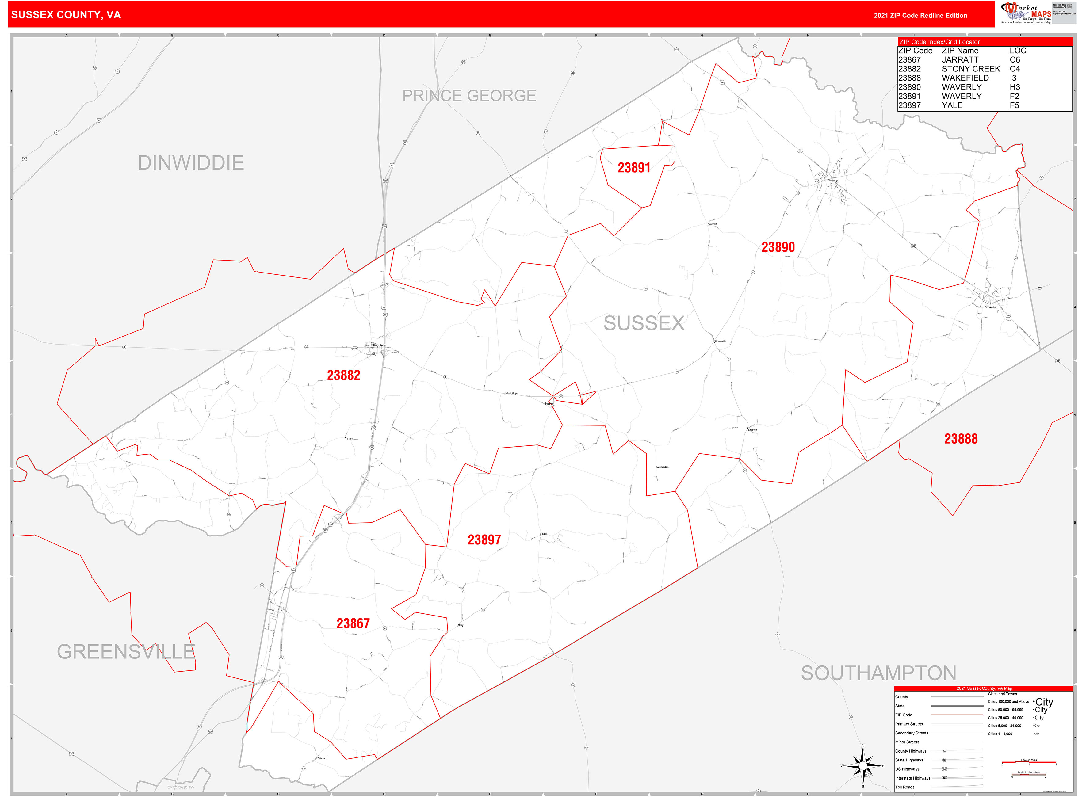 Sussex County, VA Zip Code Wall Map Red Line Style by MarketMAPS - MapSales