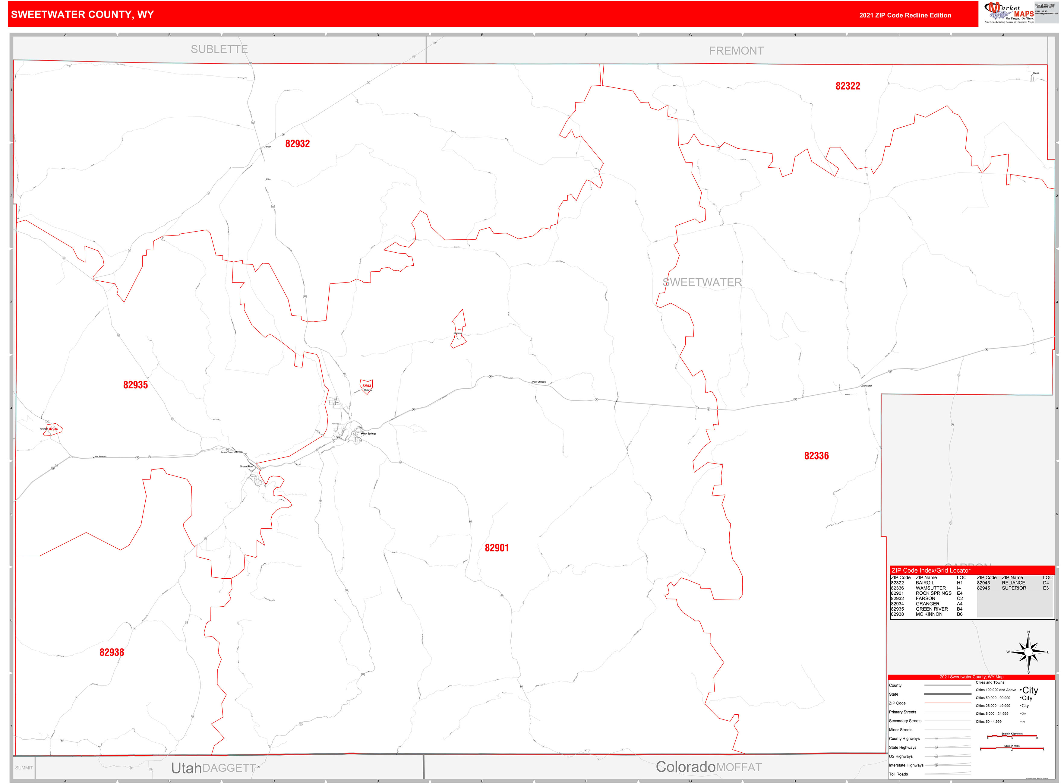 Sweetwater County Wy Zip Code Wall Map Red Line Style By Marketmaps Mapsales 9632
