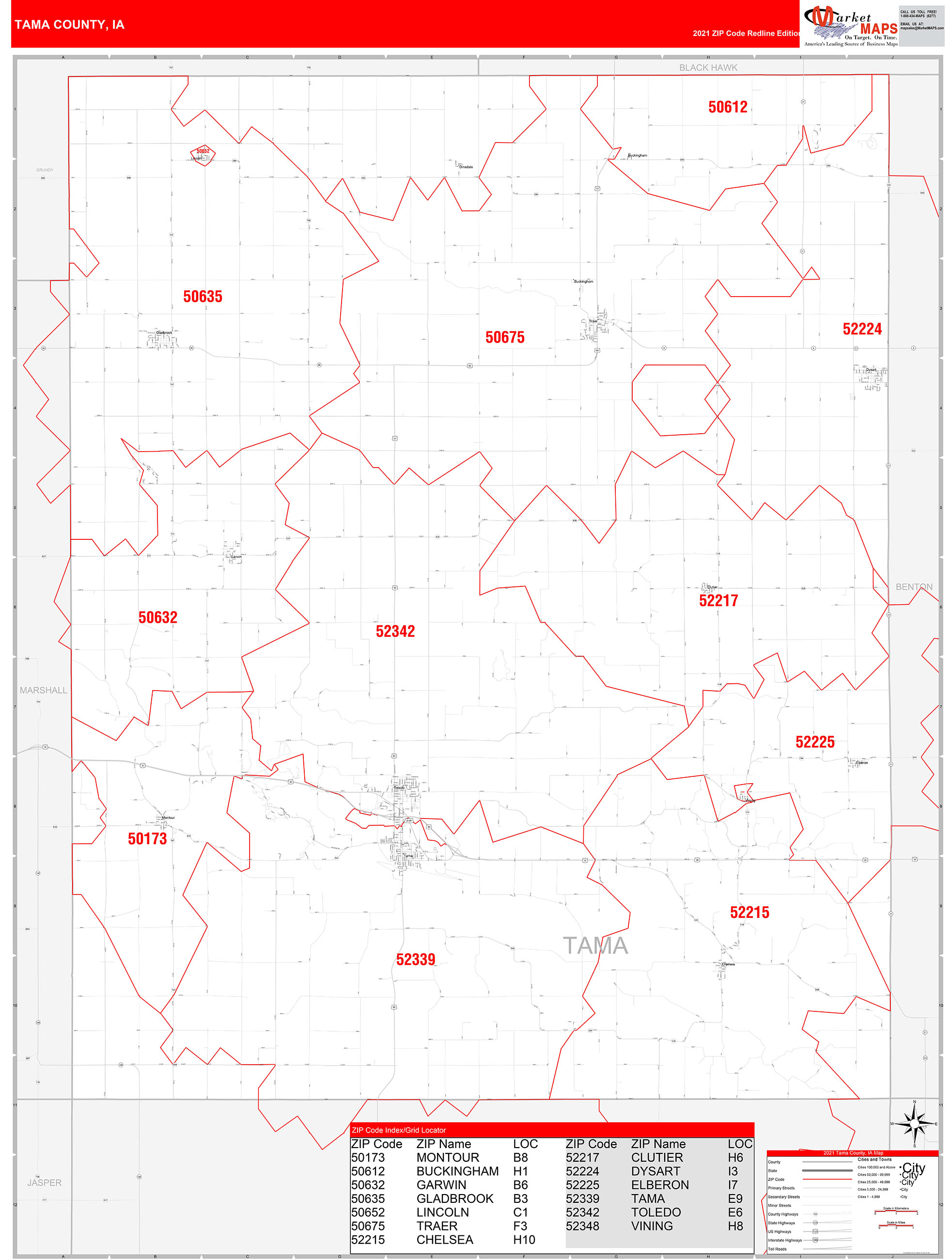 Tama County, IA Zip Code Wall Map Red Line Style by MarketMAPS