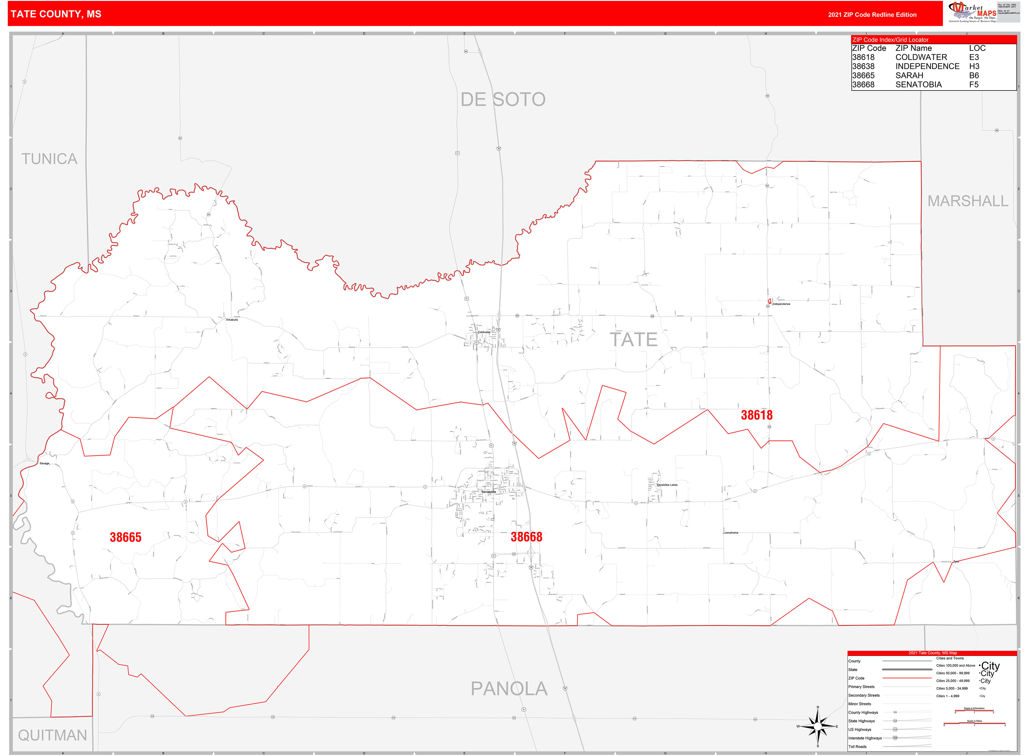 Tate County MS Zip Code Wall Map Red Line Style by MarketMAPS
