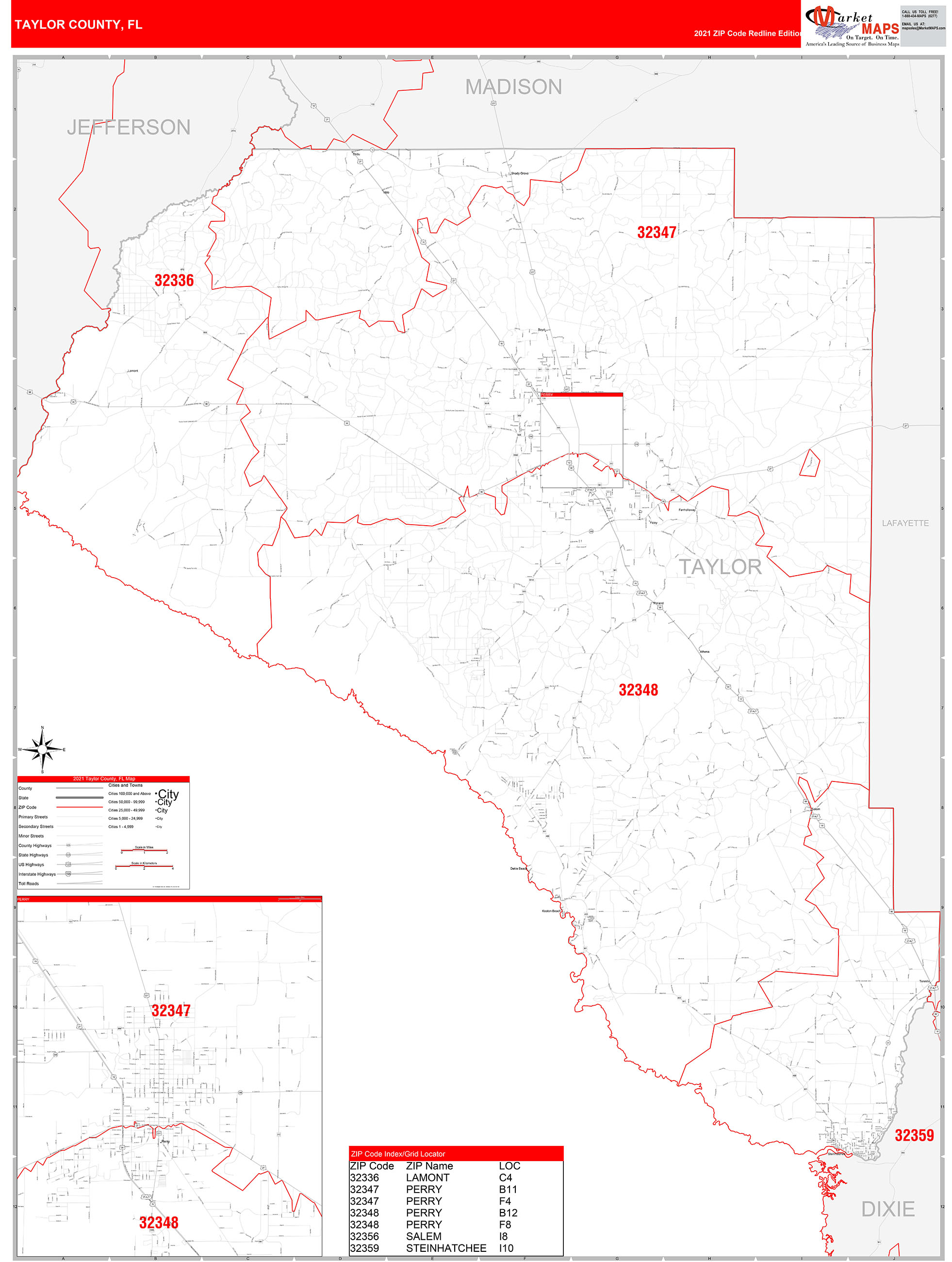 Taylor County Fl Zip Code Wall Map Red Line Style By Marketmaps Mapsales 5522