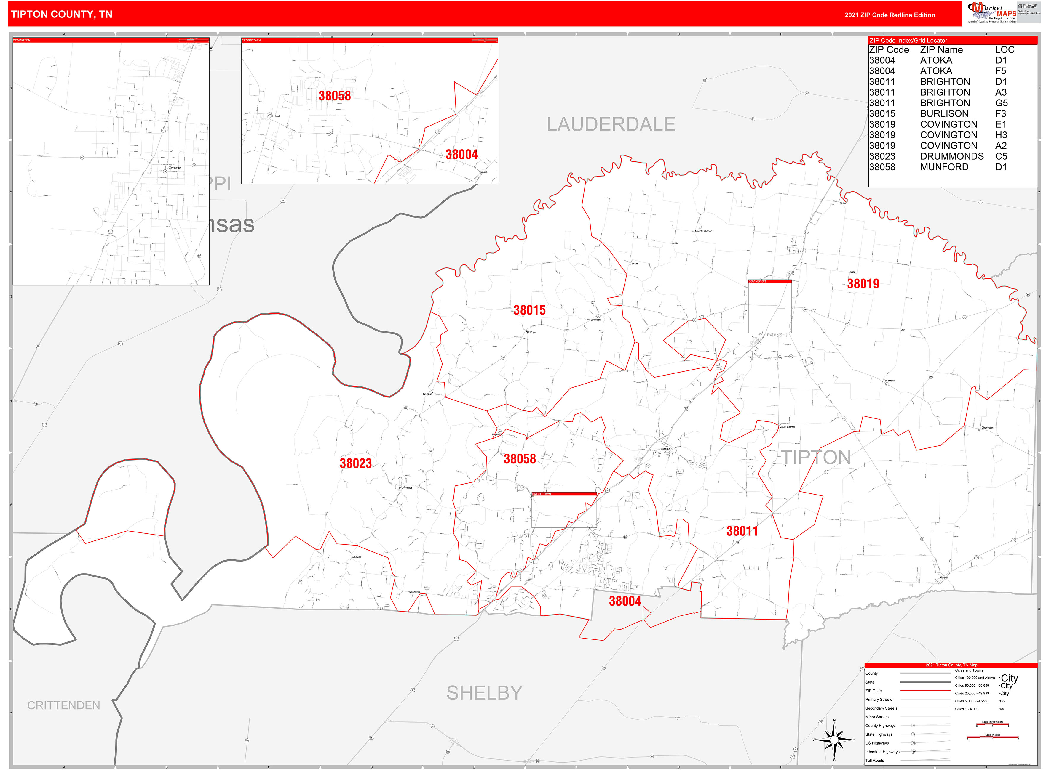 Tipton County, TN Zip Code Wall Map Red Line Style by MarketMAPS