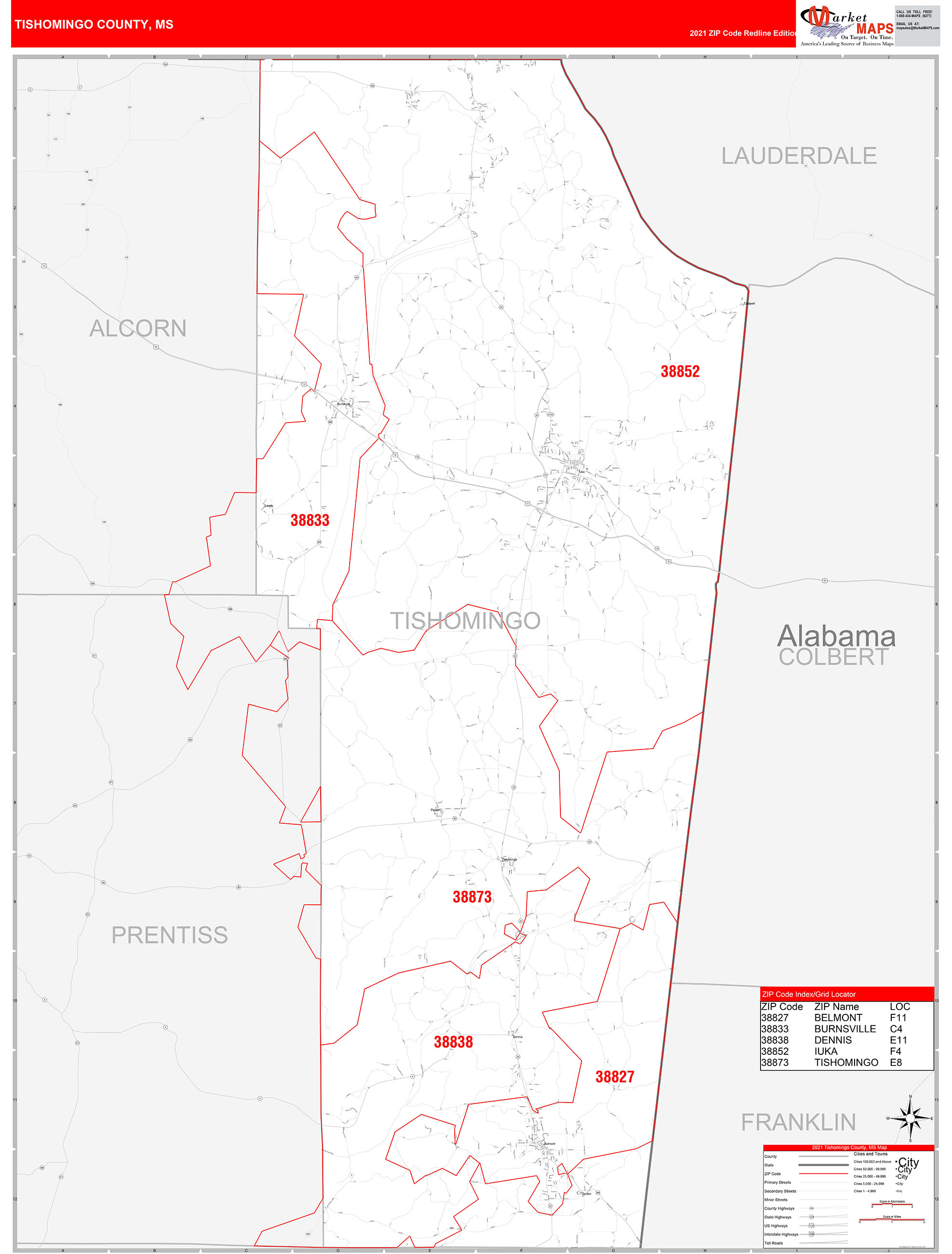 Tishomingo County, MS Zip Code Wall Map Red Line Style by MarketMAPS