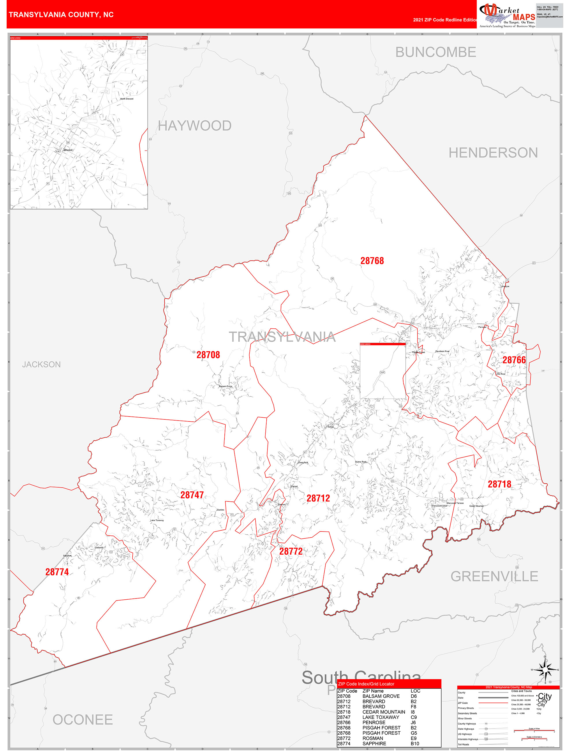 Transylvania County, NC Zip Code Wall Map Red Line Style by MarketMAPS