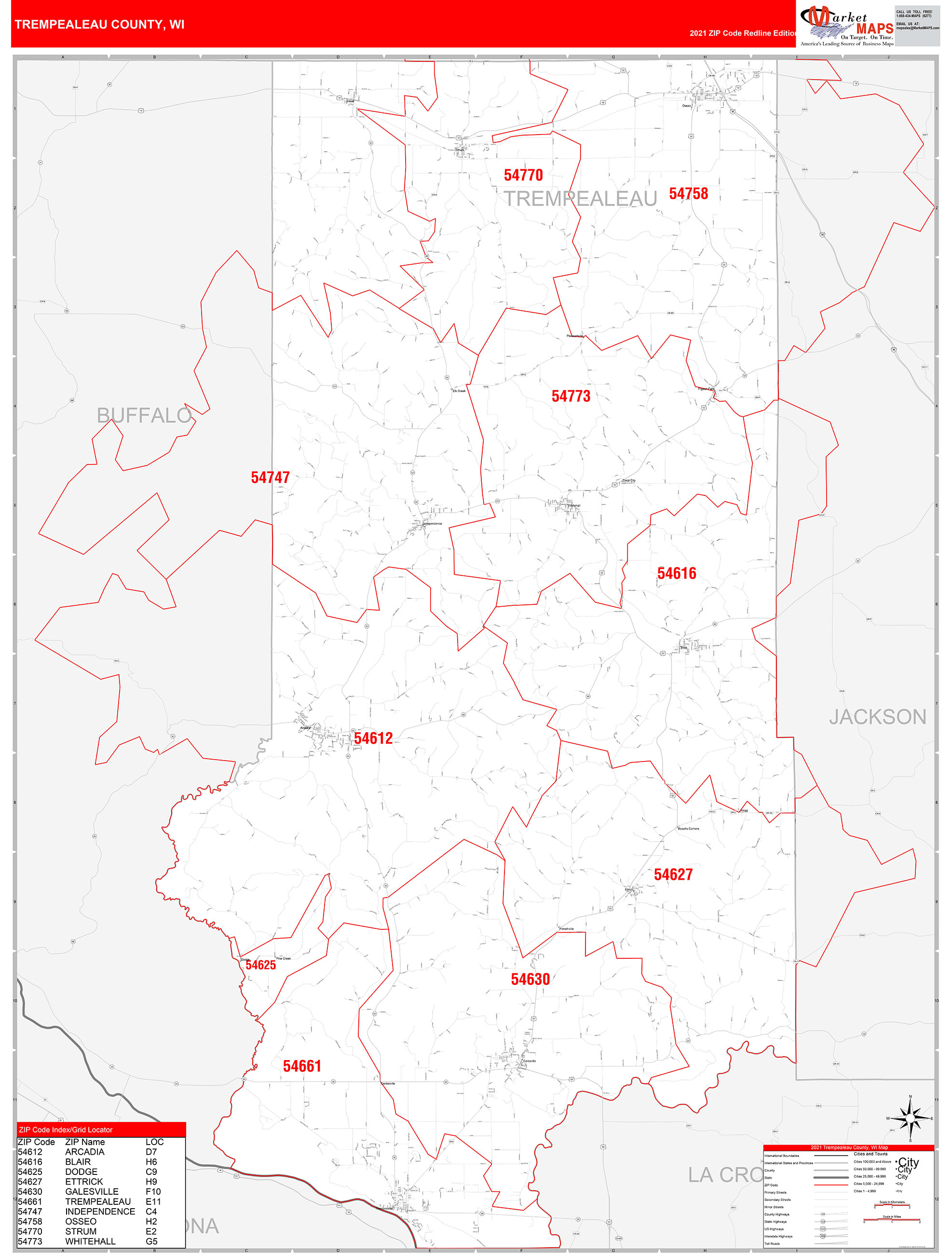 Trempealeau County, WI Zip Code Wall Map Red Line Style by MarketMAPS ...